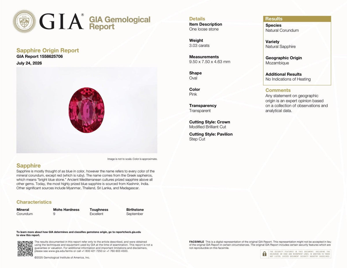 3.03 ct Vivid Raspberry pink Sapphire GIA Certified Unheated Oval Cut Gemstone