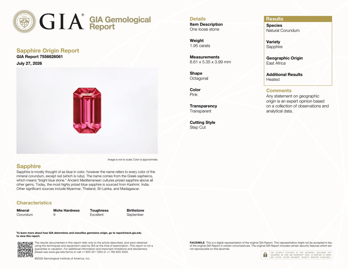 1.95 ct Vivid Raspberry pink Sapphire GIA Certified Heated Emerald Cut Gemstone