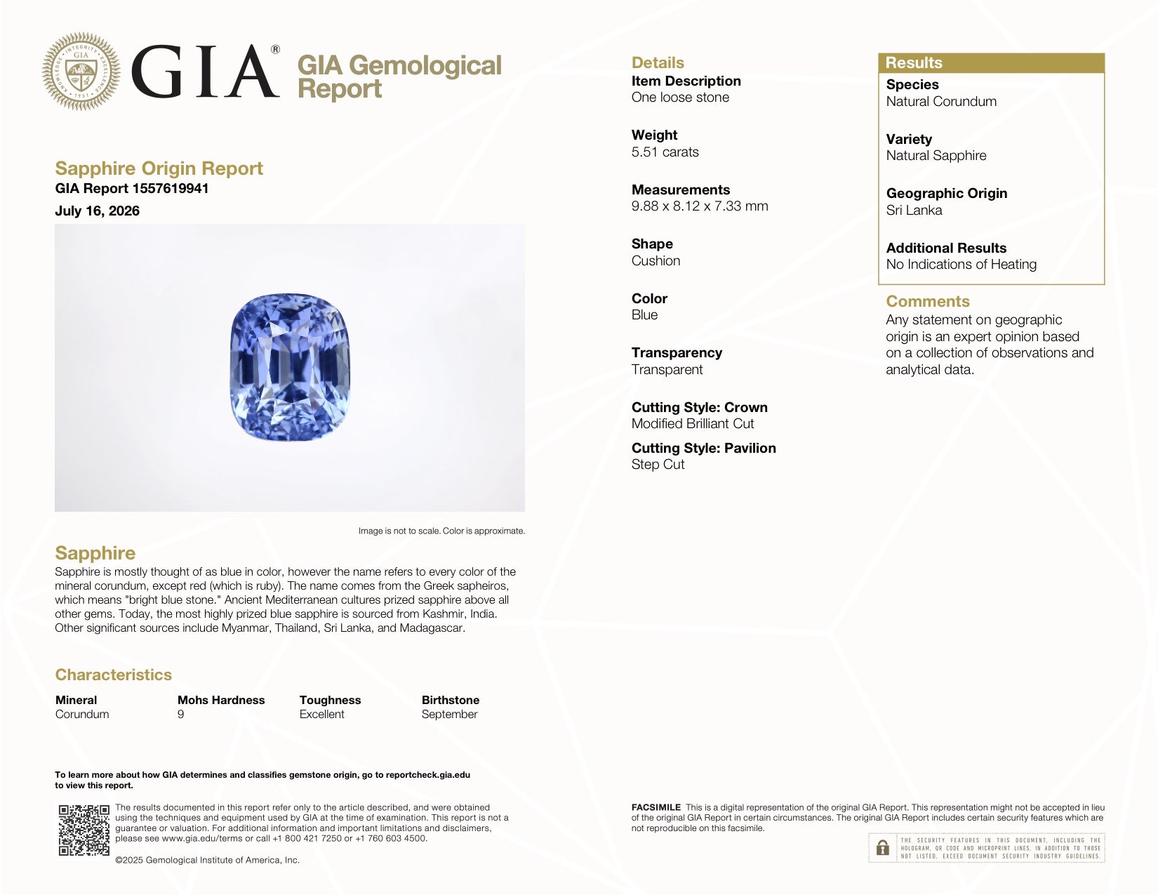 5.51 ct Medium Cornflower Blue Sapphire GIA Certified Unheated Cushion Cut Gemstone