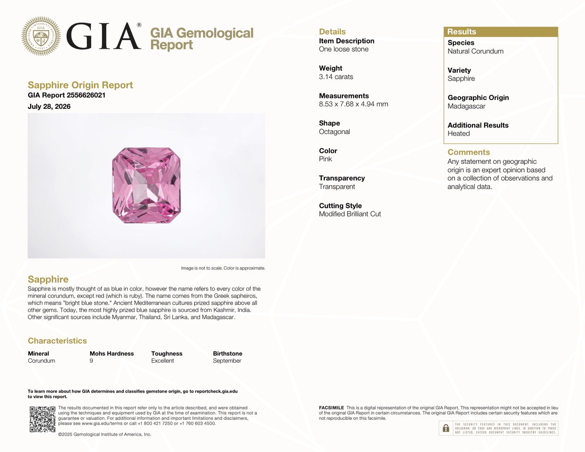 3.14 ct Cherry Blossom Pink Sapphire GIA Certified Heated Radiant Cut Gemstone