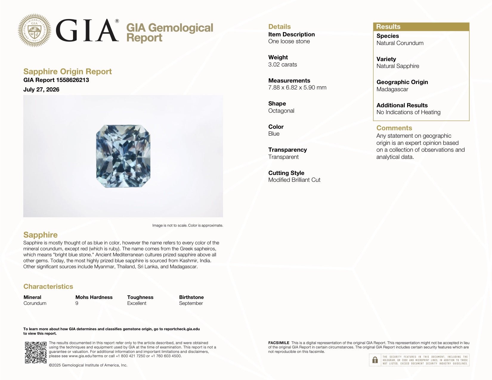 3.02 ct Mint Blue Sapphire GIA Certified Unheated Radiant Cut Gem