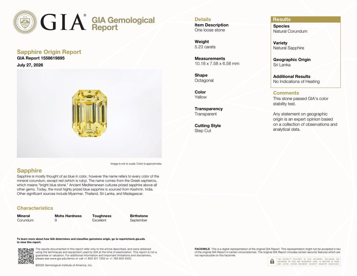5.23 ct Canary Yellow Sapphire GIA Certified Unheated Emerald Cut Gemstone