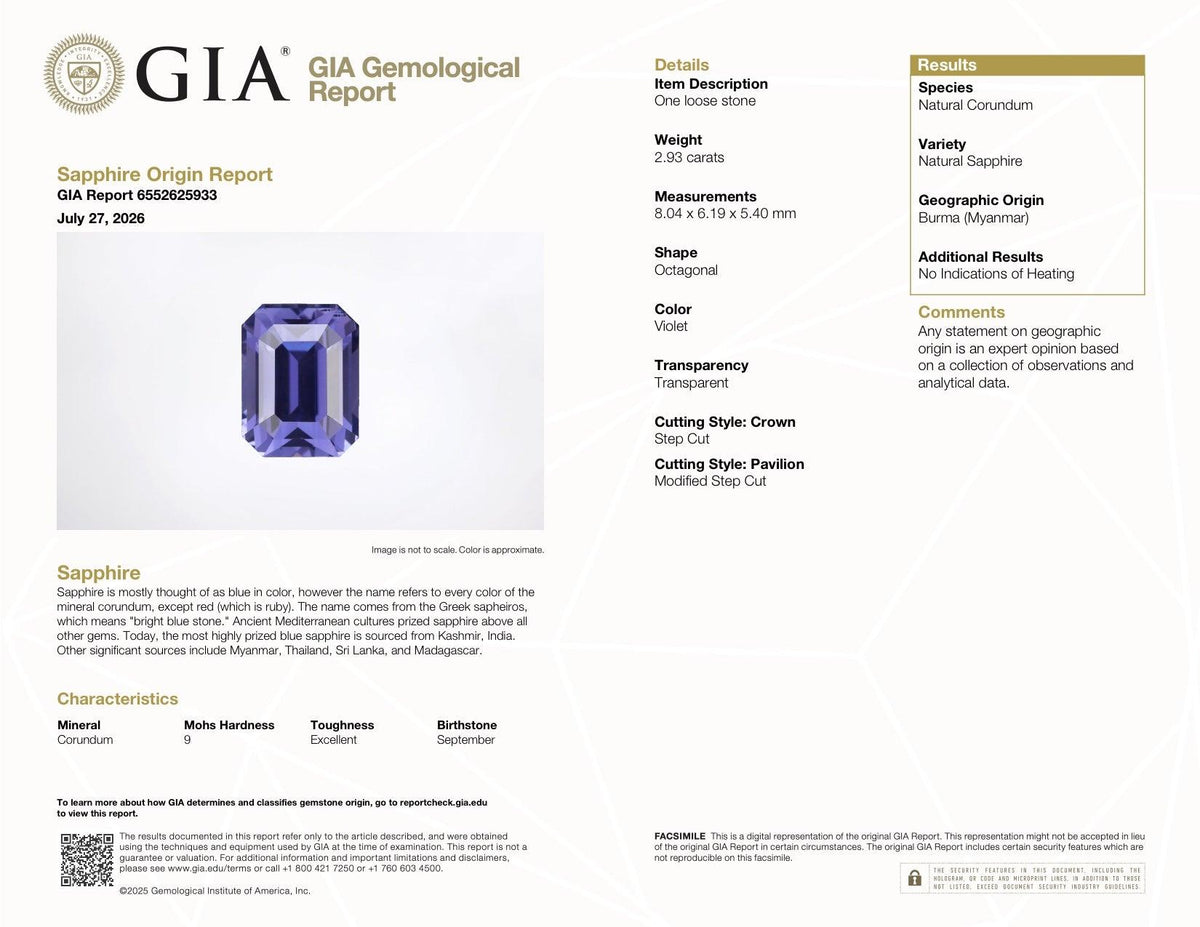 2.93 ct Royal Indigo Sapphire GIA Certified Unheated Emerald Cut Gem