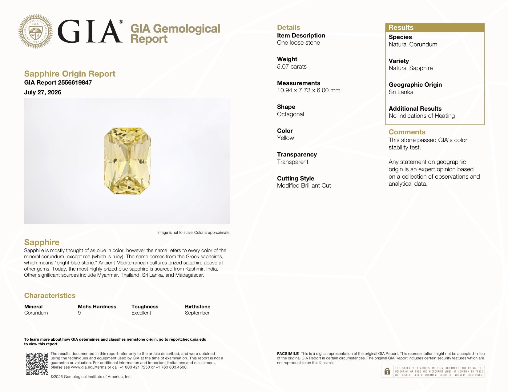 5.07 ct Yellow Sapphire GIA Certified Unheated Radiant Cut Gemstone