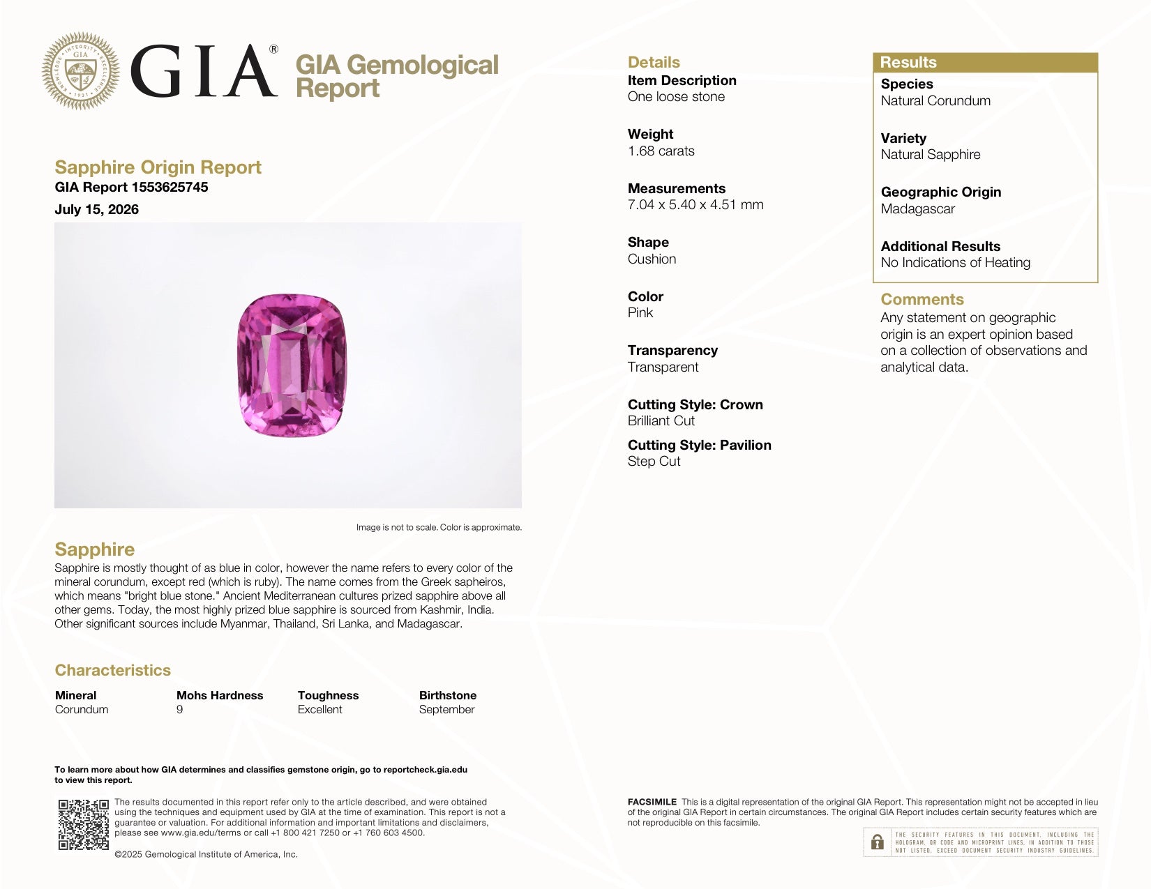 1.68 ct Vivid Pink Sapphire GIA Certified Unheated Cushion Cut Gem