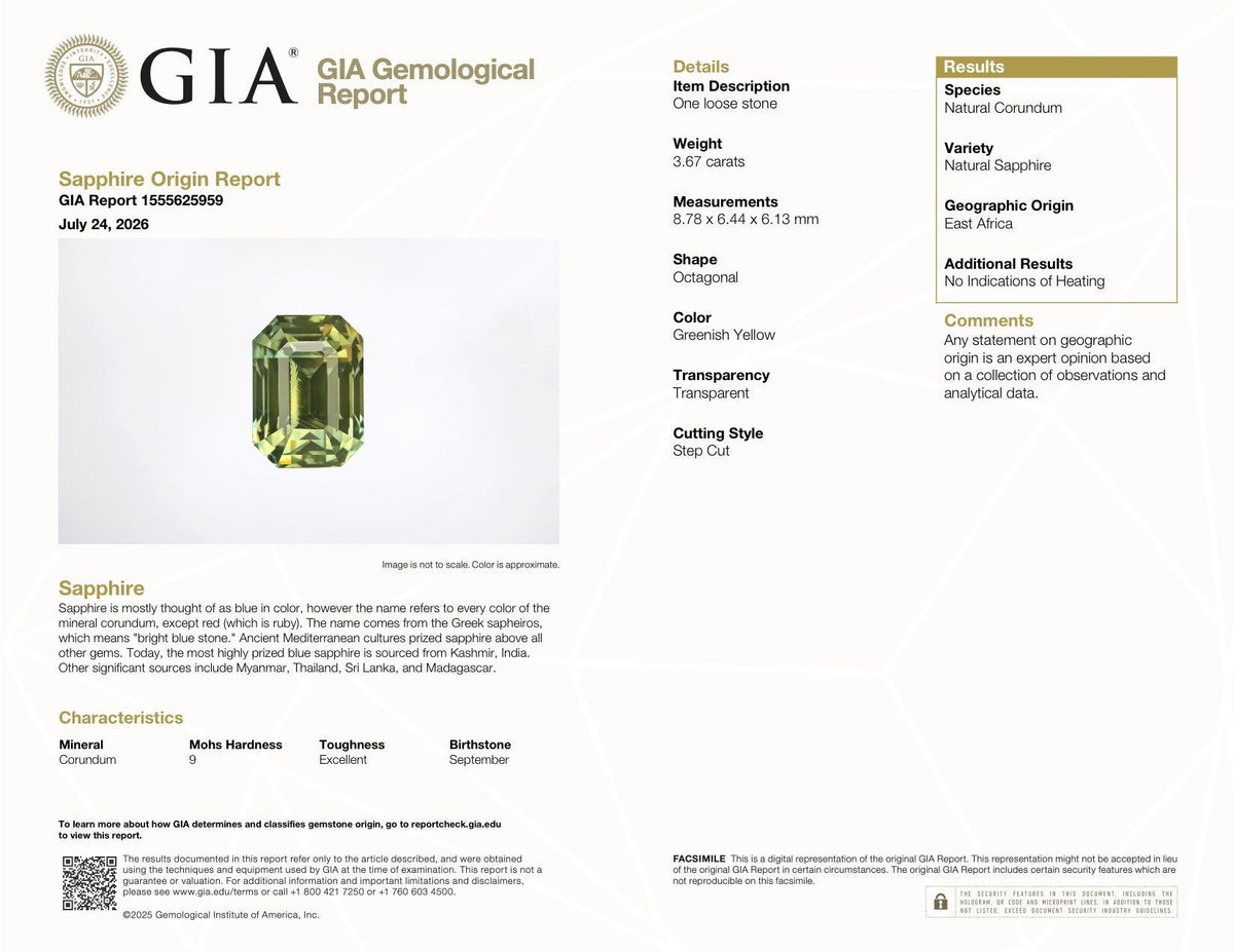 3.67 ct Greenish Yellow Sapphire GIA Certified Unheated Emerald  Cut Gemstone