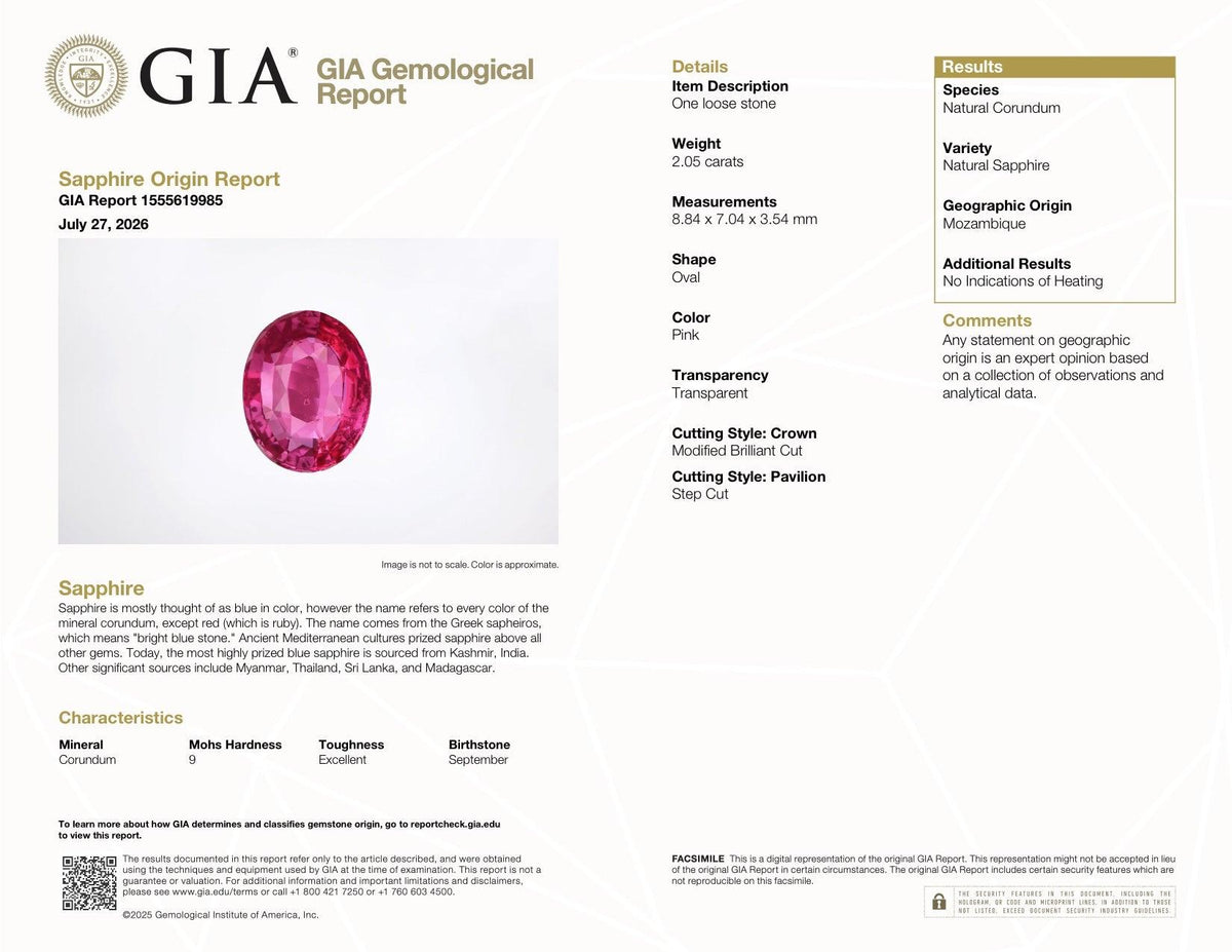 2.05 ct Intense Pink Sapphire GIA Certified Unheated Oval Cut Gemstone