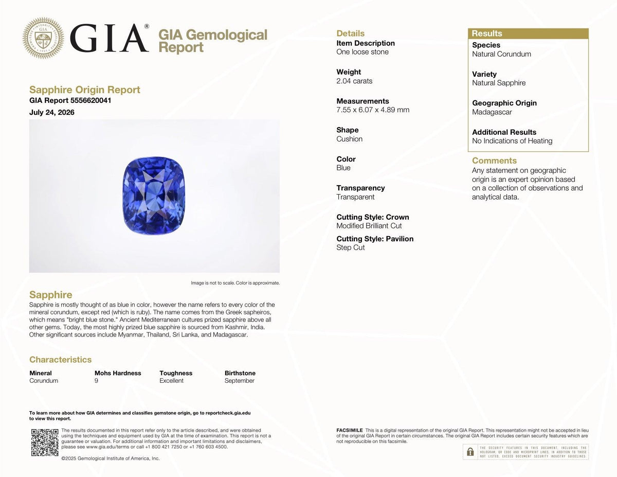2.04 ct Intense Cornflower Blue Sapphire GIA Certified Unheated Cushion Cut Gemstone