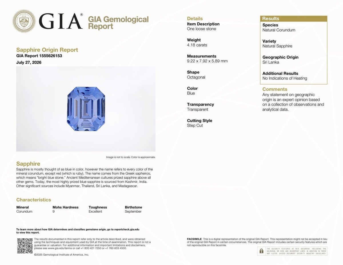 4.18 ct Vivid Sky blue Sapphire GIA Certified Unheated Emerald  Cut Gemstone