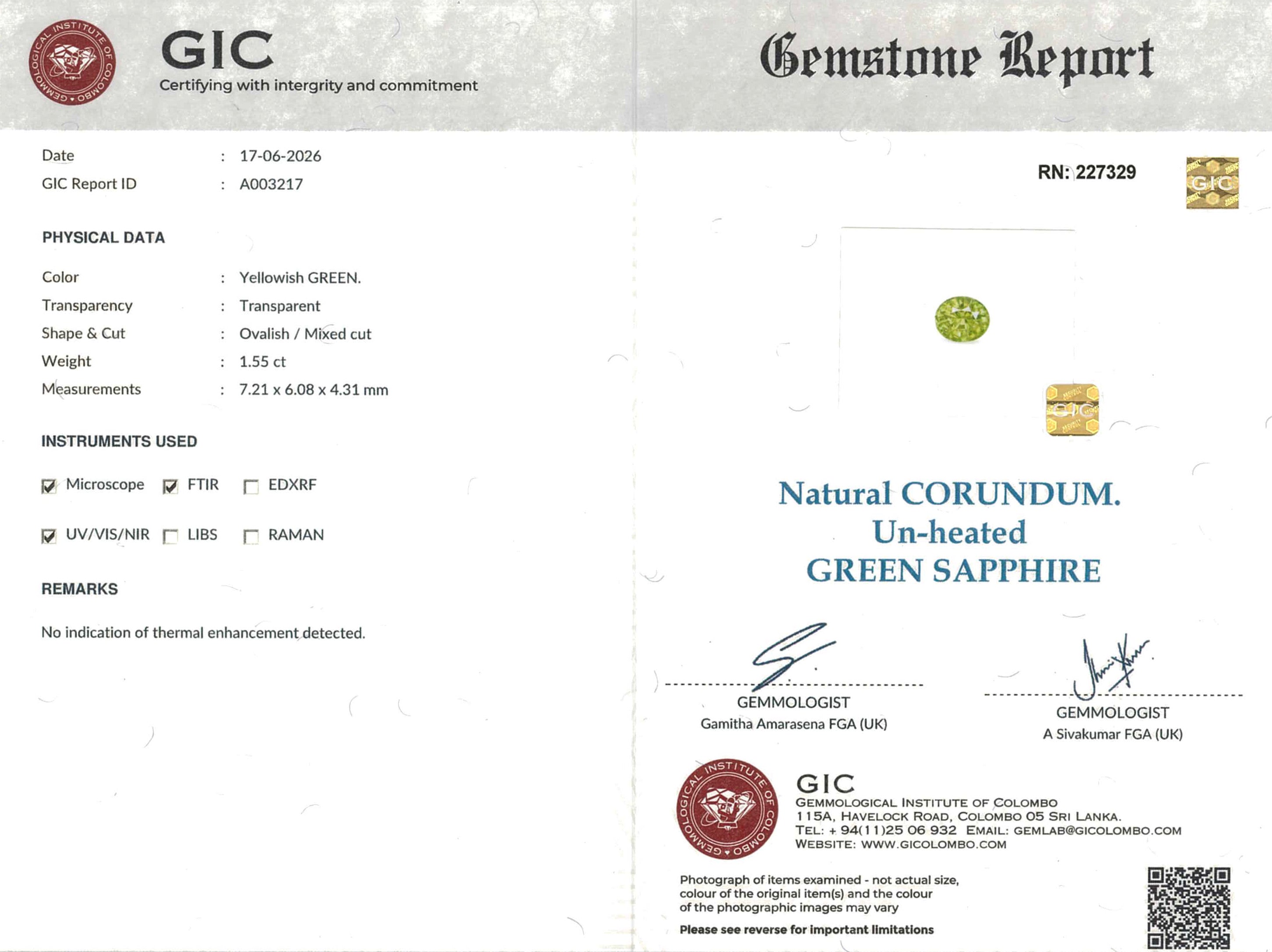 1.55 ct Wattle Green Oval Cut Unheated Sapphire