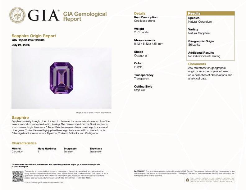 2.51 ct Purple Sapphire Emerald Cut GIA Unheated Ceylon