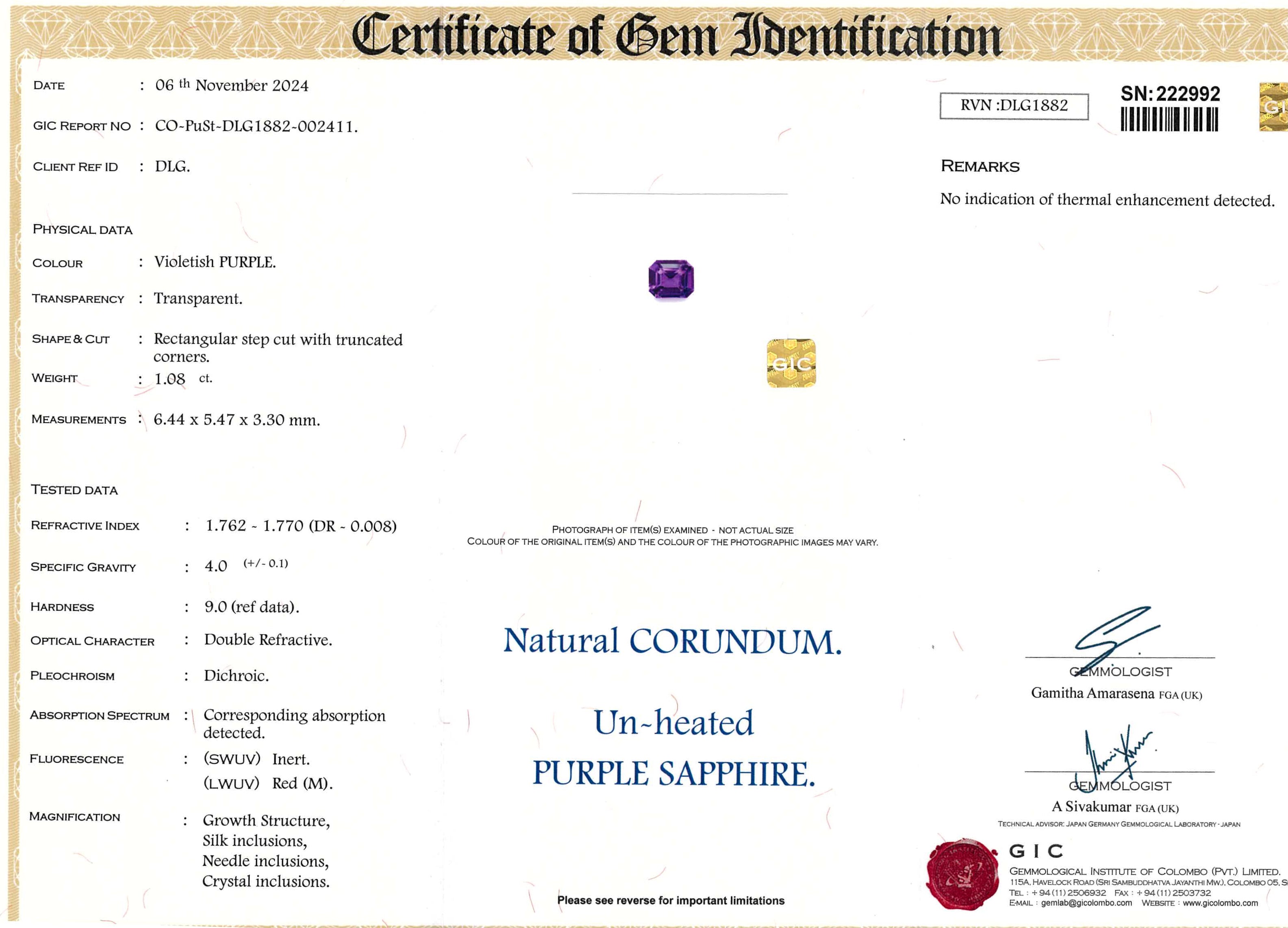 certificate of emerald shape purple sapphire