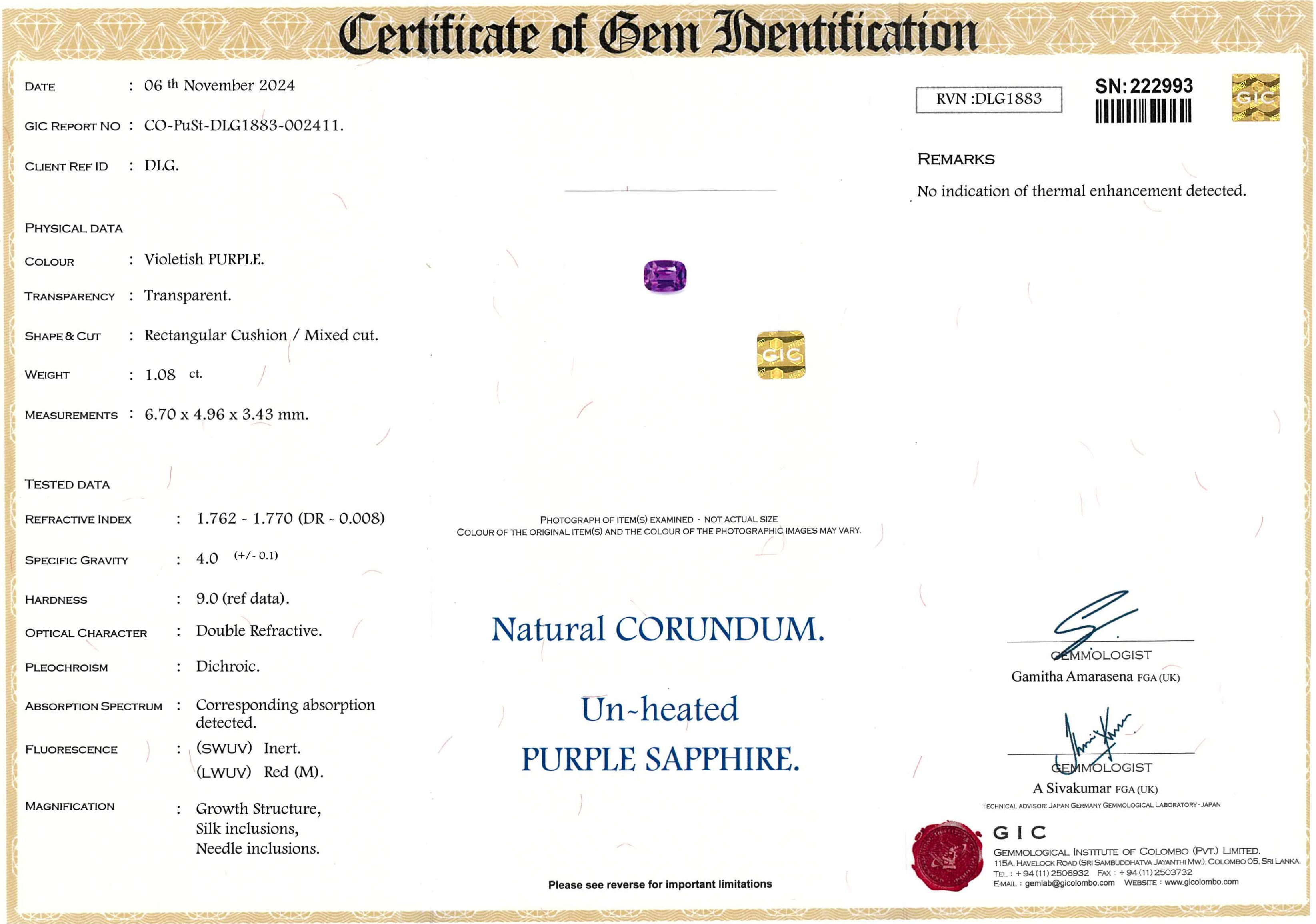 Certificate Cushion Purple Sapphire from Madagascar