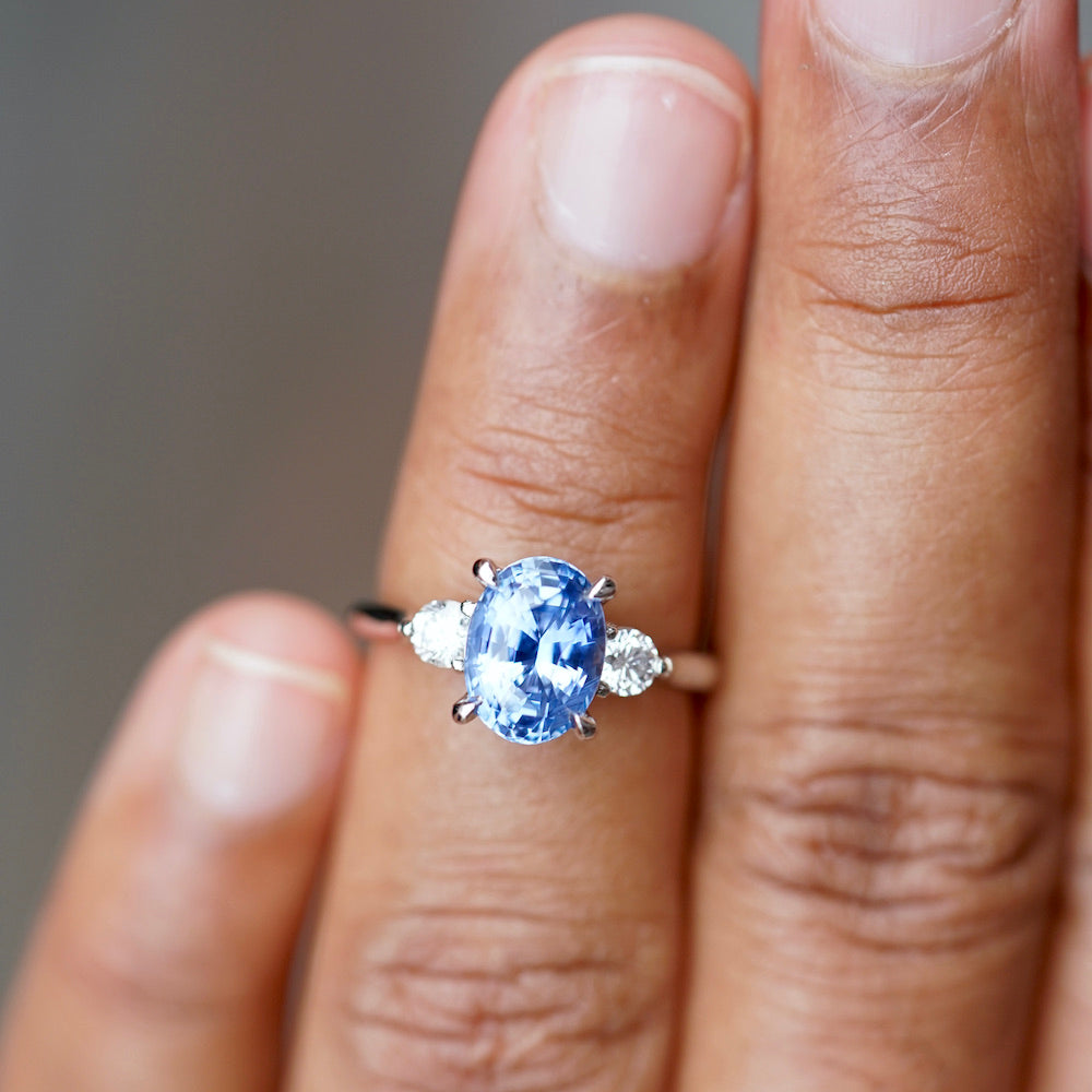 Ceylon Blue Sapphire Diamond Platinum Trilogy Engagement Ring