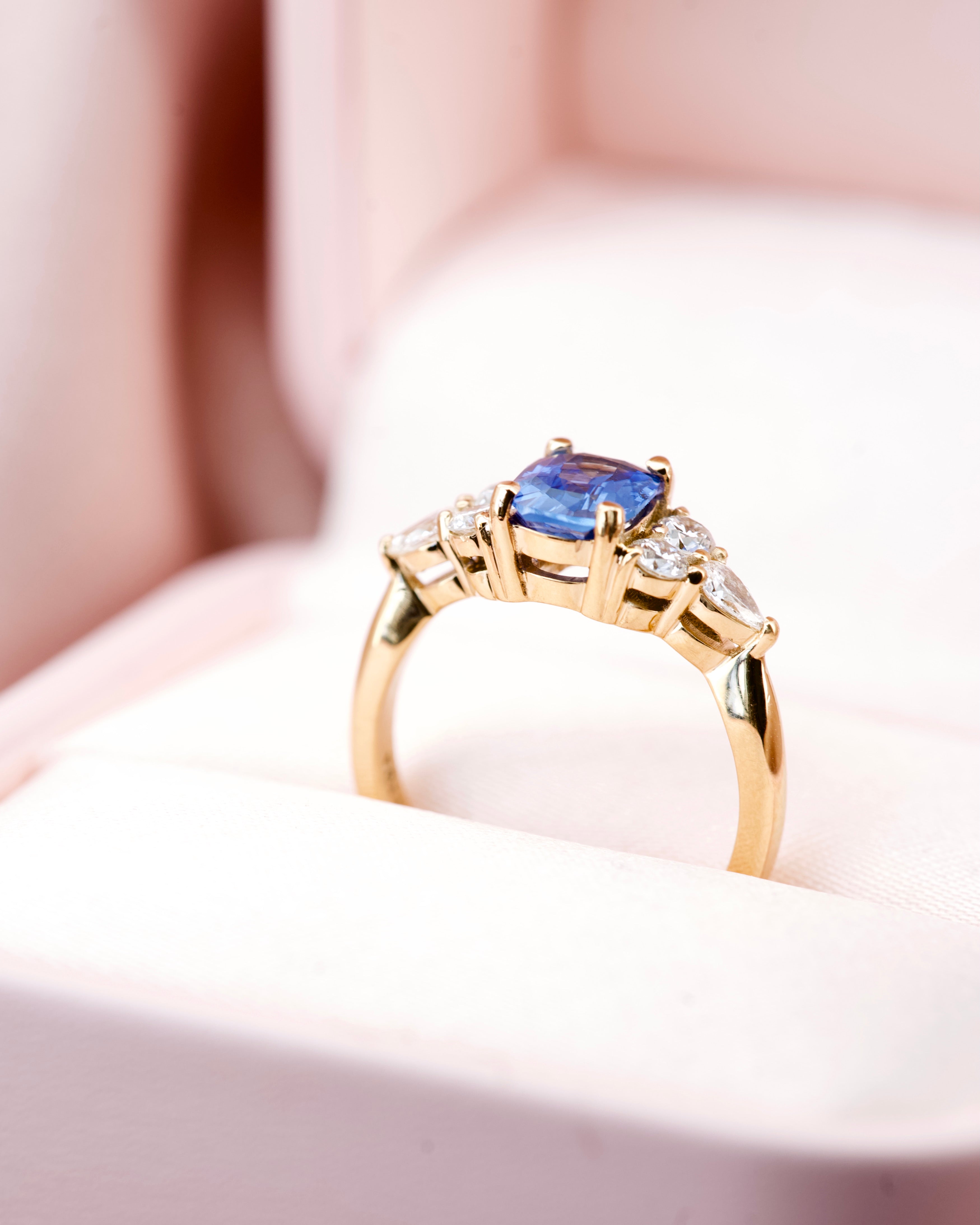 Ceylon sapphire cluster engagement ring, angle view