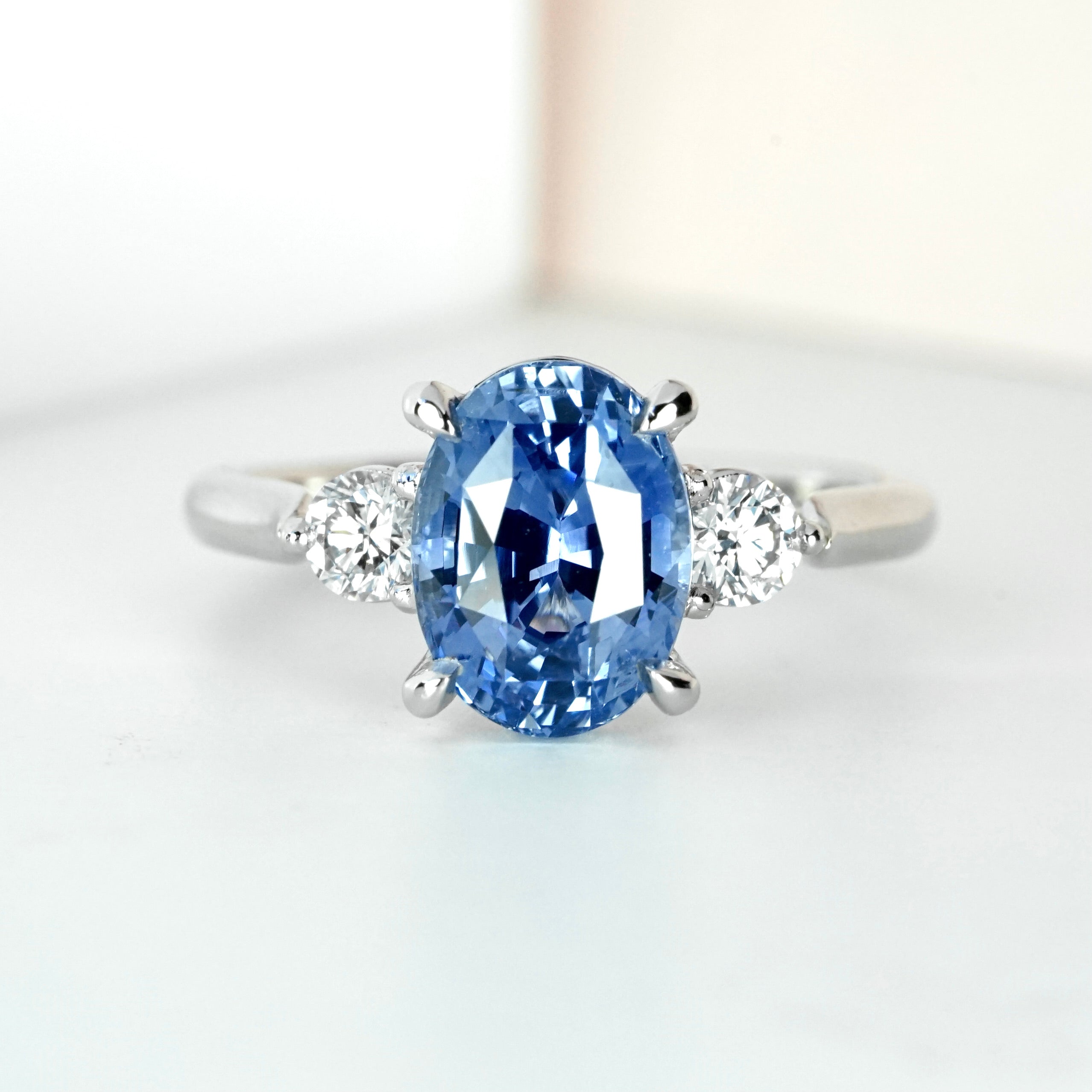 Ceylon Blue Sapphire Diamond Platinum Trilogy Engagement Ring