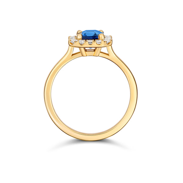 Denim Blue Sapphire Diamond Halo Yellow Gold Ring