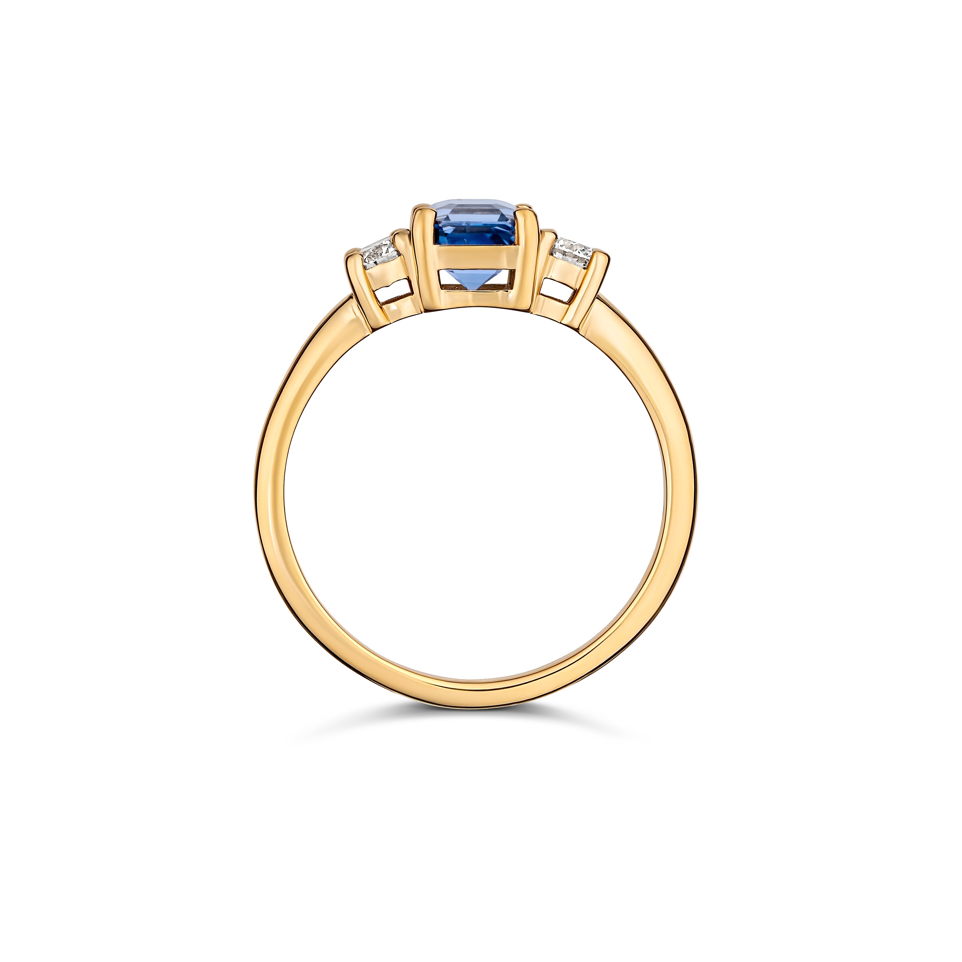Blue sapphire three stone ring with diamond accents
