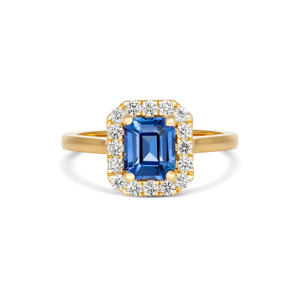 Denim Blue Sapphire Diamond Halo Yellow Gold Ring