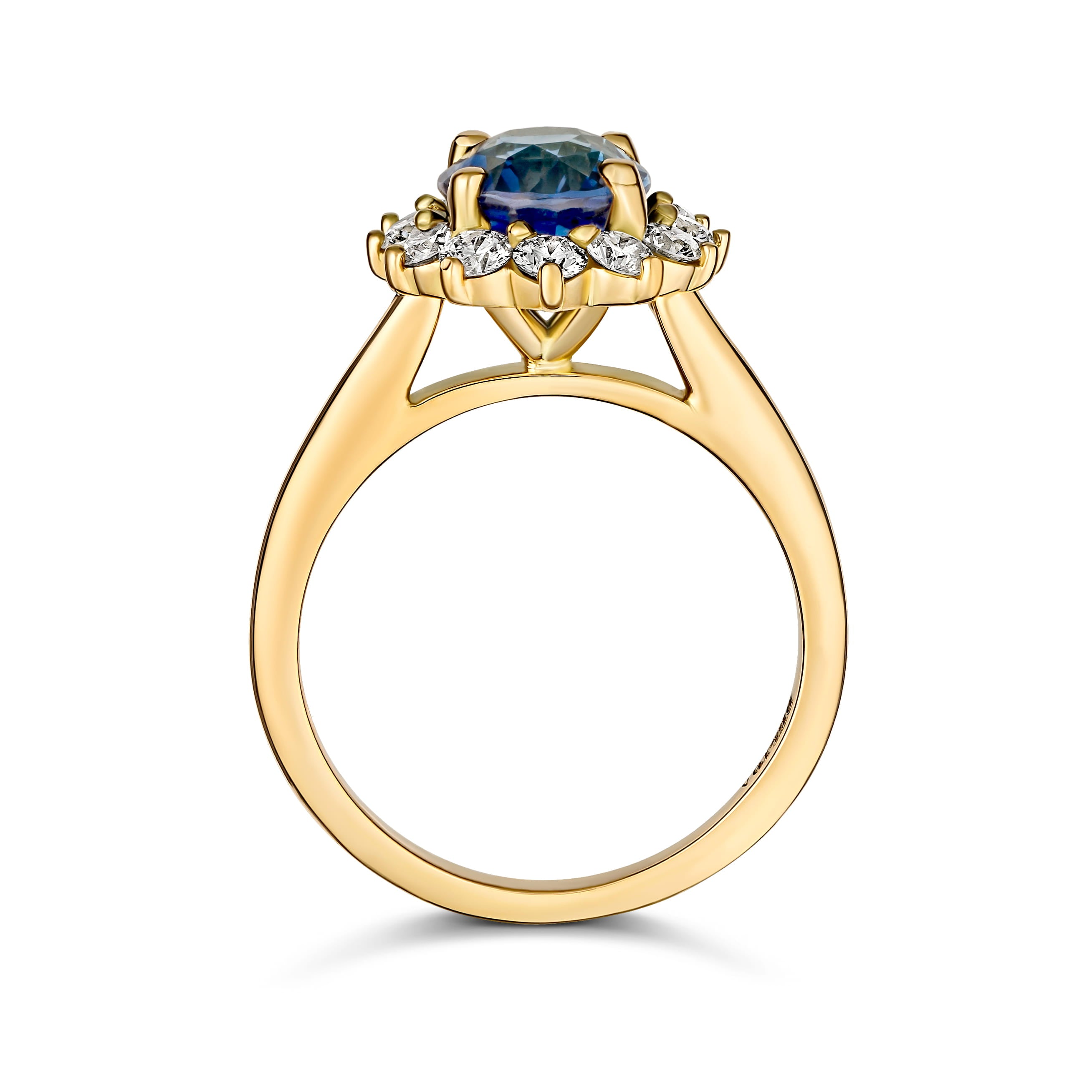 Top down view of a GIA certified cushion cut cornflower blue Ceylon sapphire ring with diamond halo