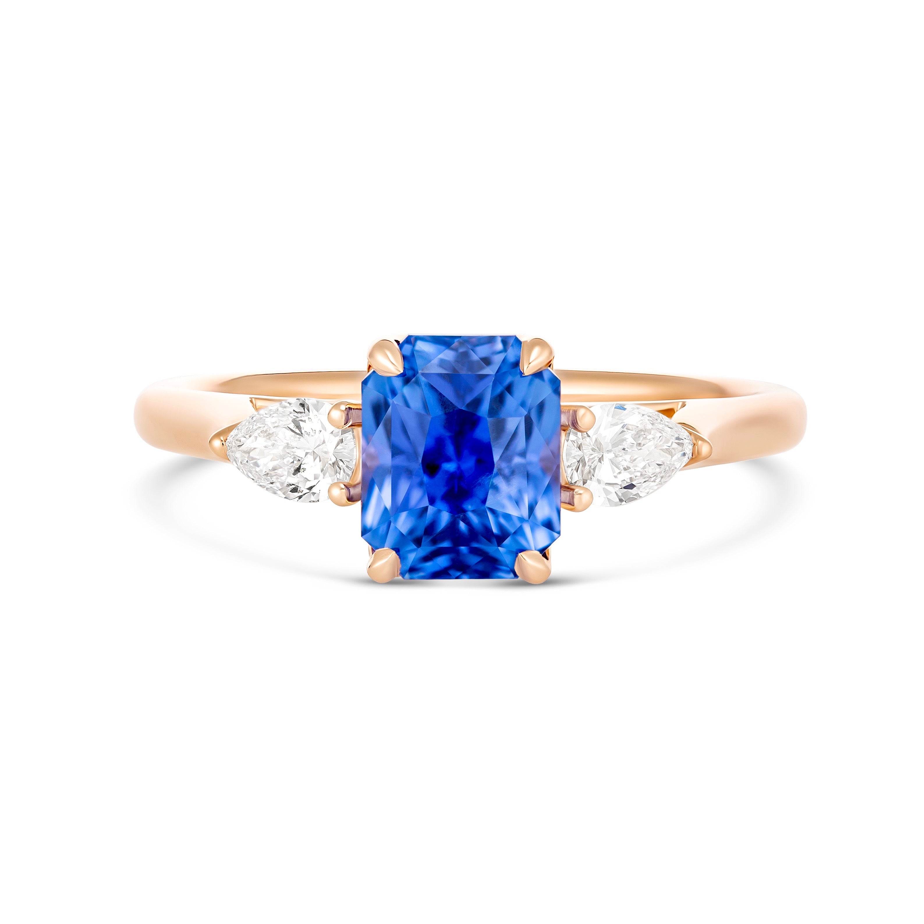 Cornflower Blue Ceylon Sapphire Diamond Trilogy Ring Rose Gold