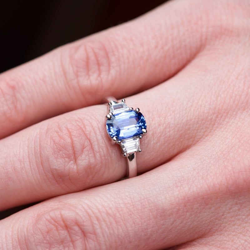 Cushion Blue Sapphire Diamond Trilogy White Ring 2.08 ct