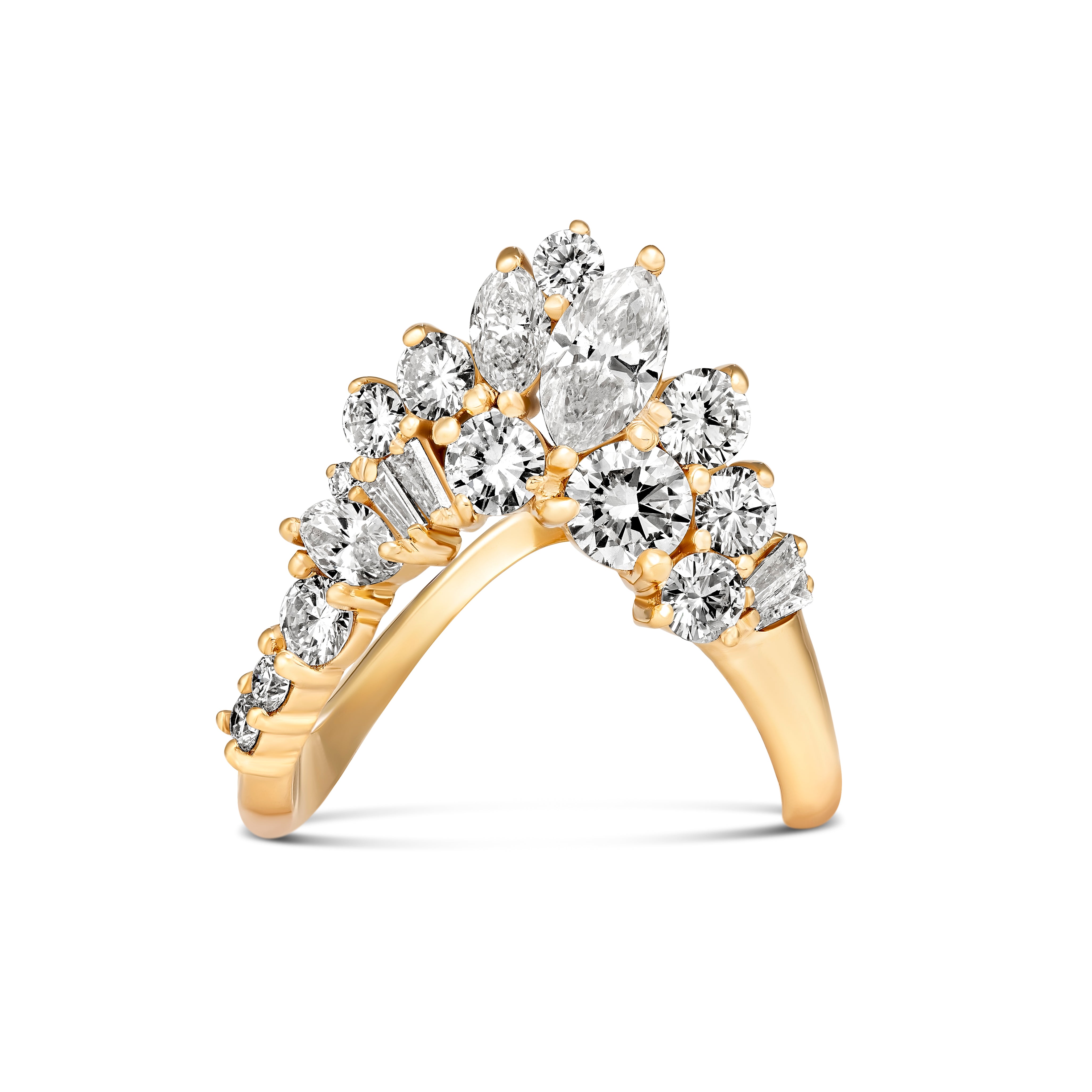 Frontal view of a high-carat mixed shape diamond cluster curved band in yellow gold