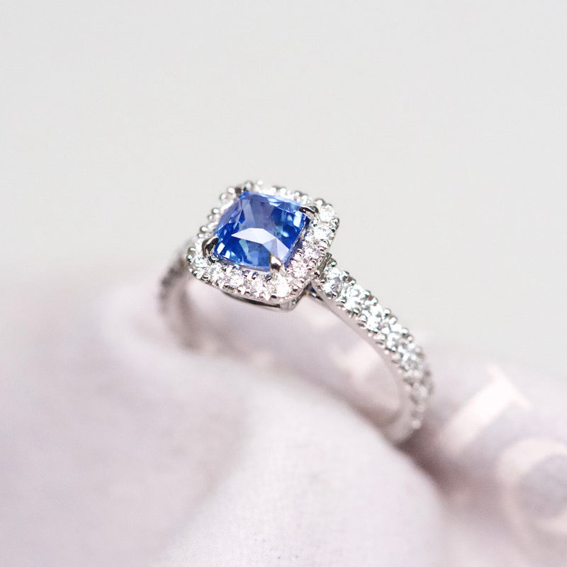 Cornflower Blue Sapphire Diamond Halo Platinum Engagement Ring