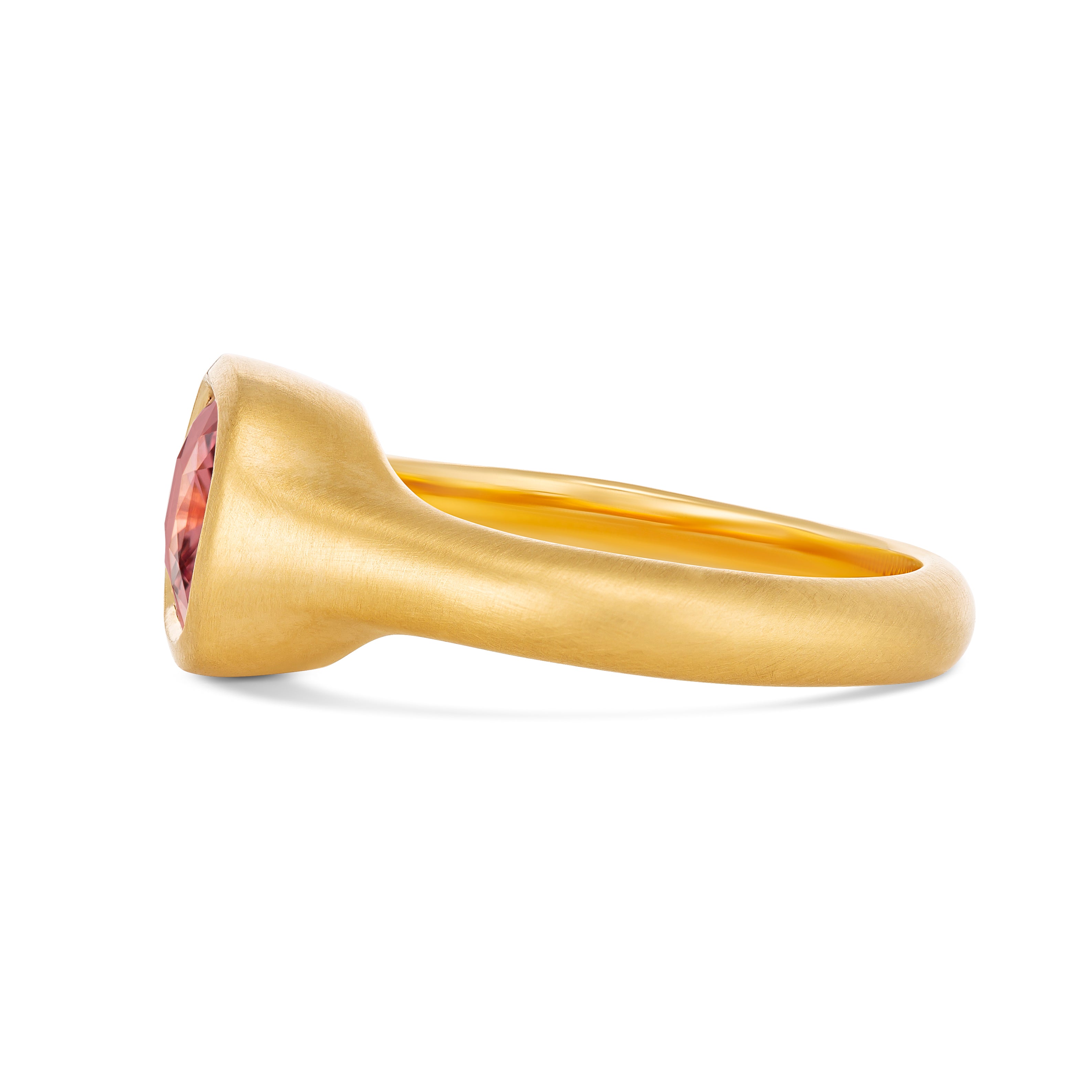 Padparadscha Sapphire Solitaire Signet Ring Brushed Satin Yellow Gold
