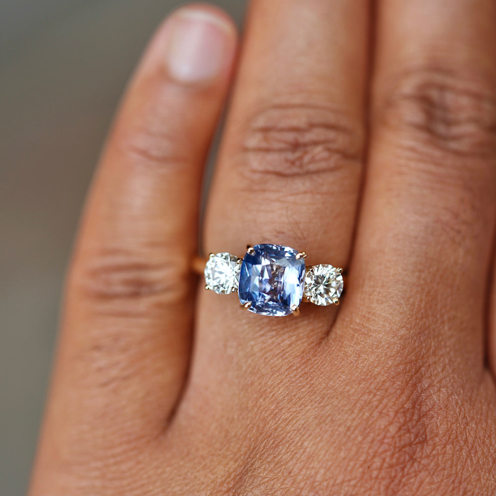 Vivid Sky Blue Cushion Sapphire and Diamond Trilogy Ring and Studs