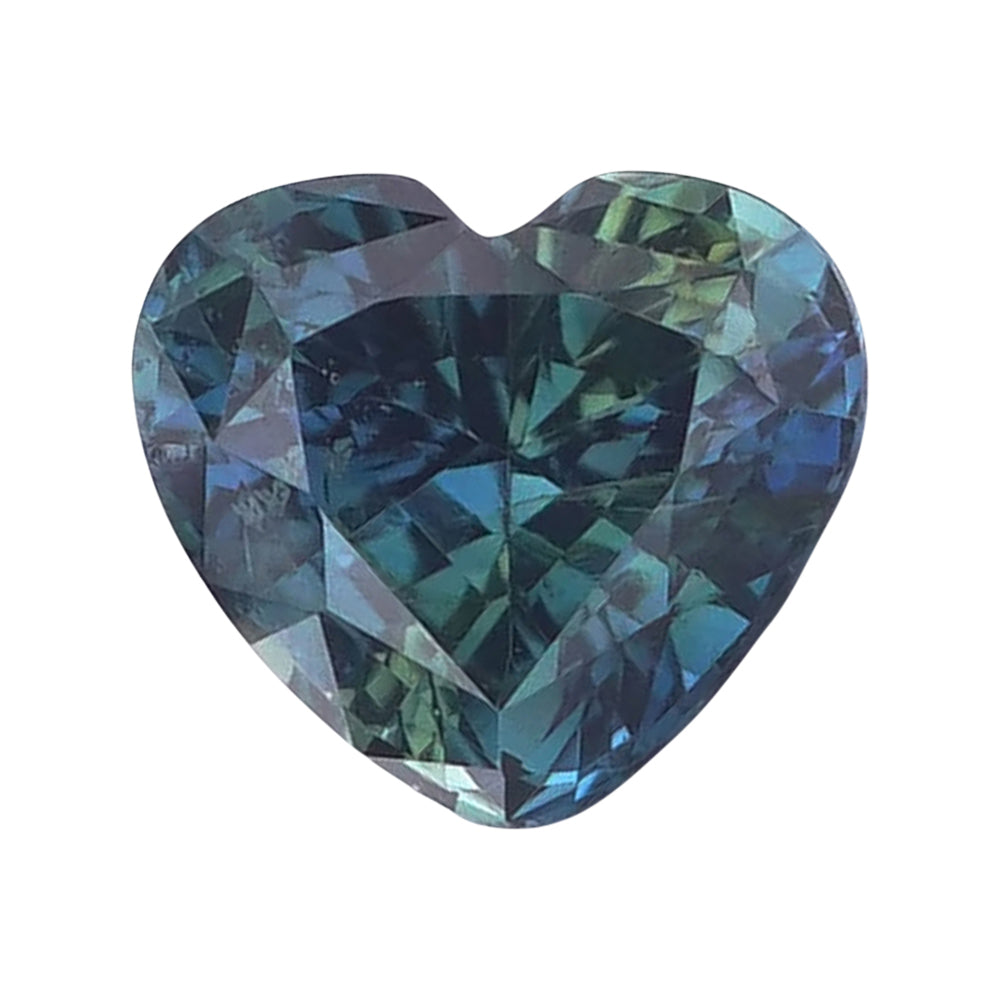 Heart-shaped brilliant mixed-cut bluish green loose sapphire with deep, rich saturation.