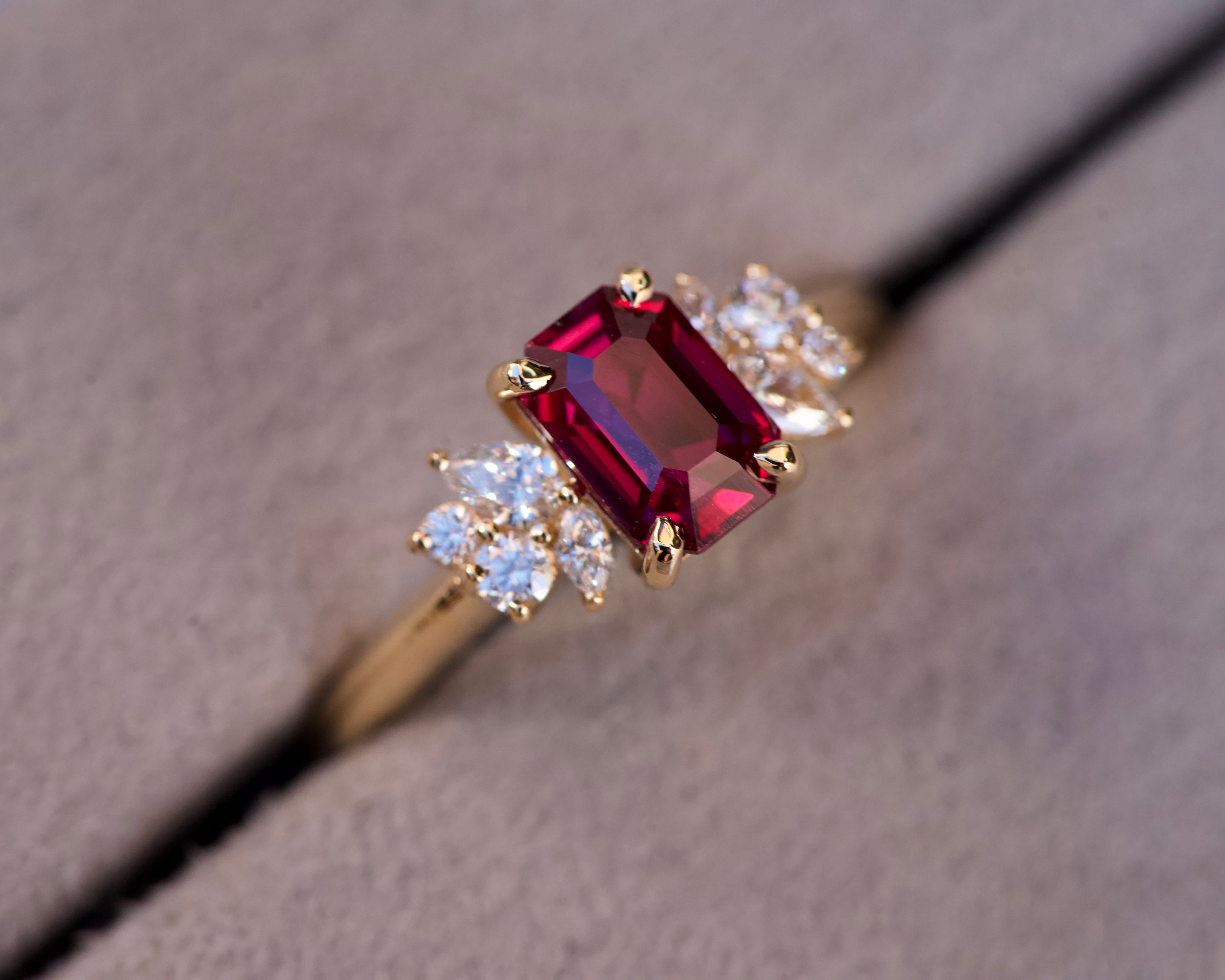 Macro close-up of a 1.17 carat unheated red ruby step cut ring with side diamonds