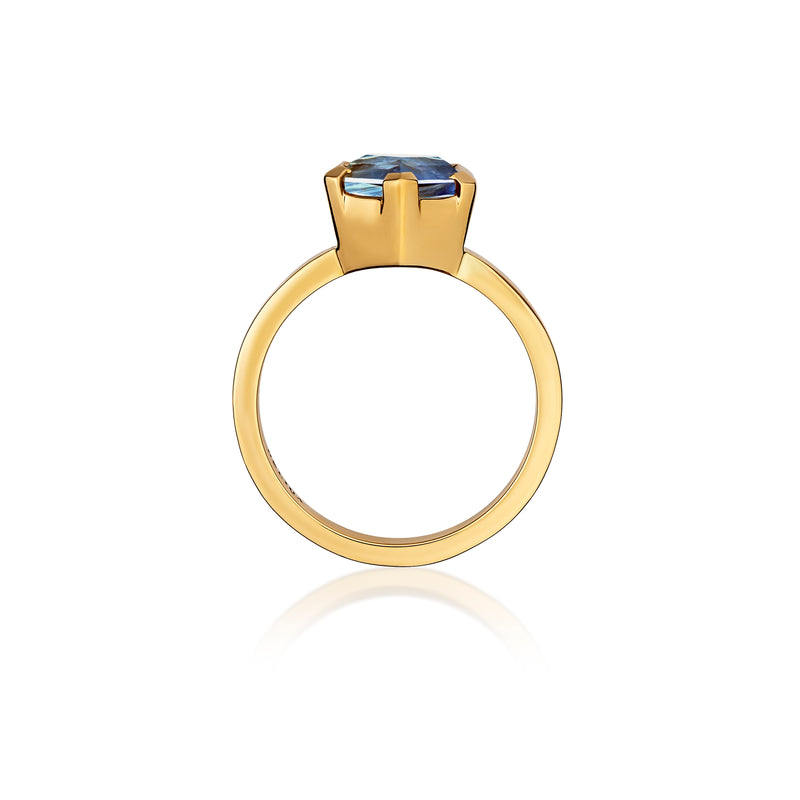 Fancy cut blue sapphire half-bezel ring, side view