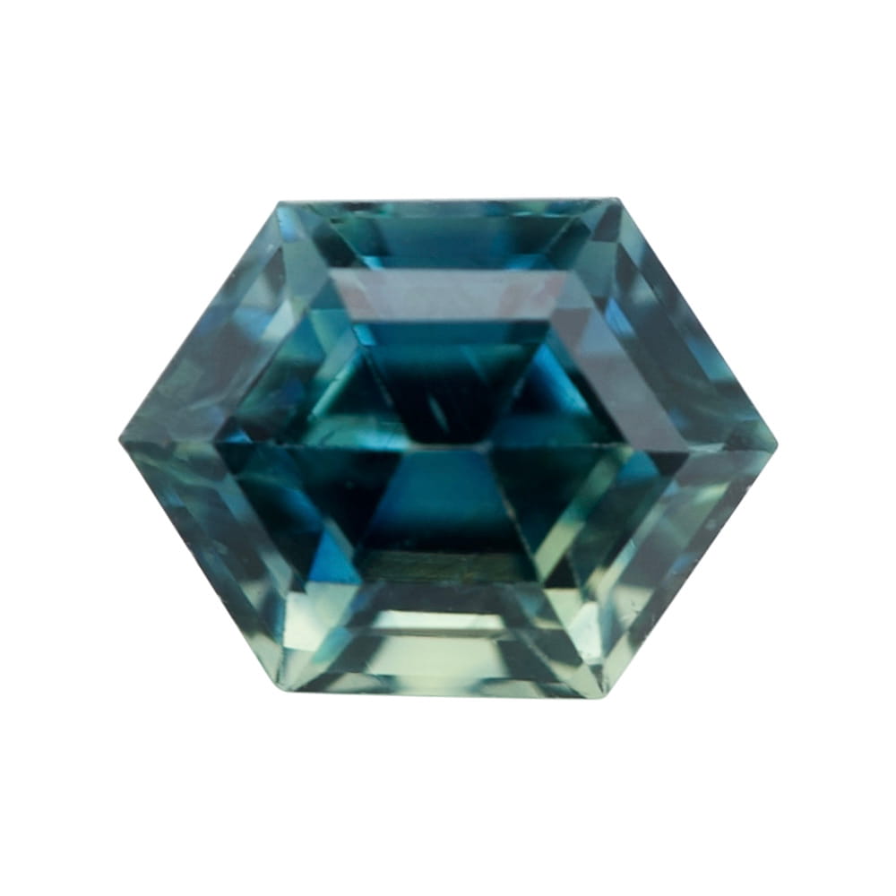 Loose unheated bluish-green sapphire featuring a custom fancy step cut.