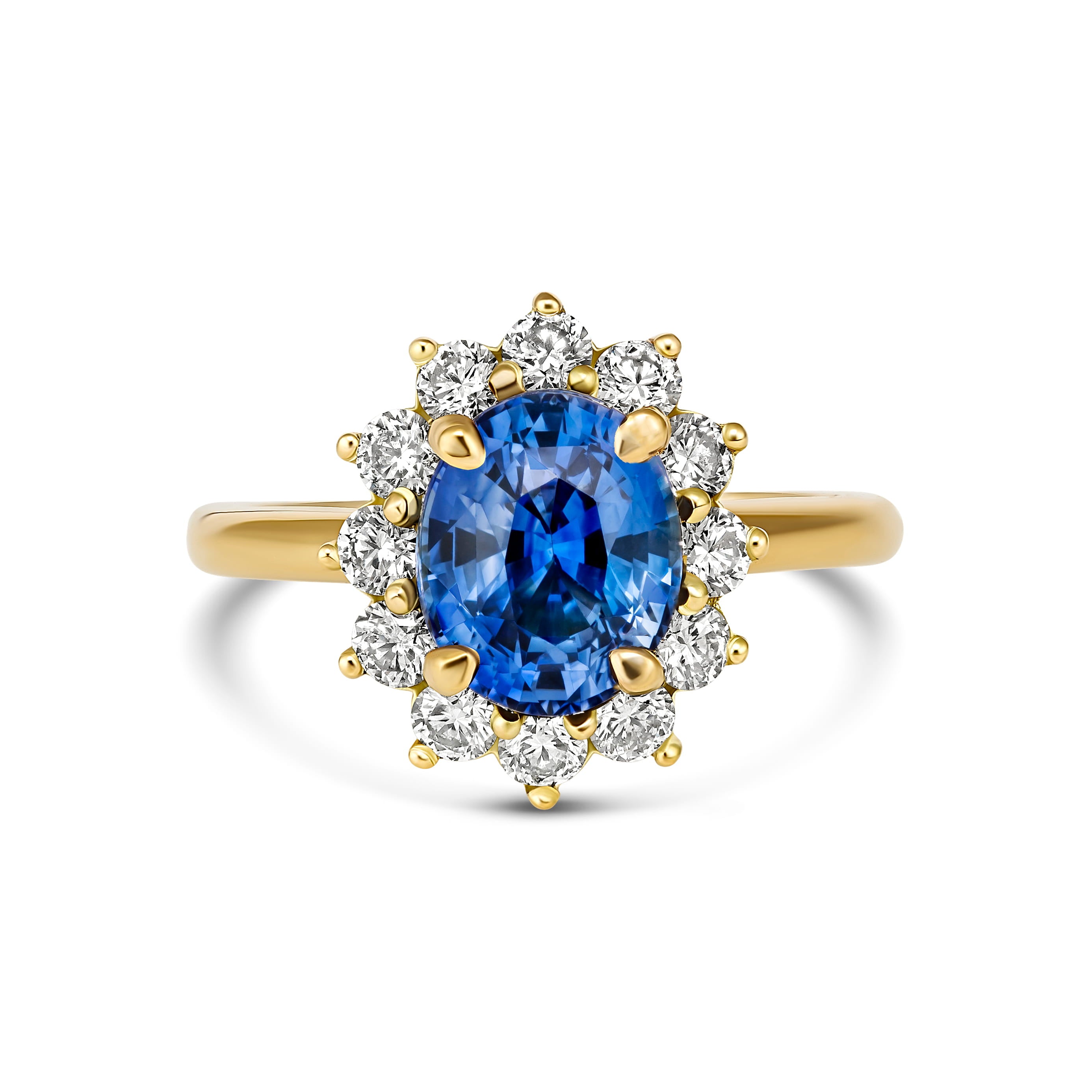 Top down view of a GIA certified cushion cut cornflower blue Ceylon sapphire ring with diamond halo