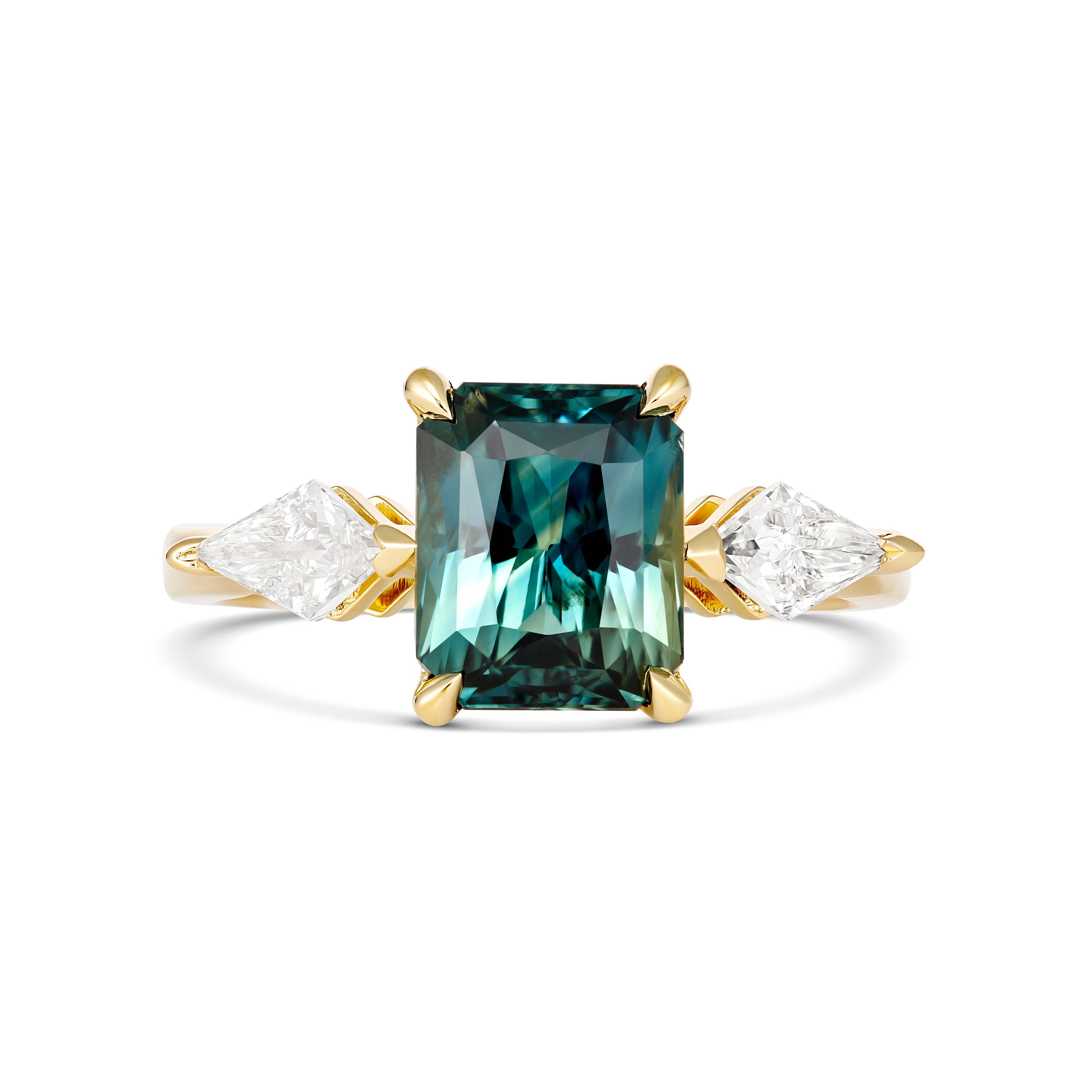 Teal Sapphire Kite Diamond Trilogy Engagement Ring