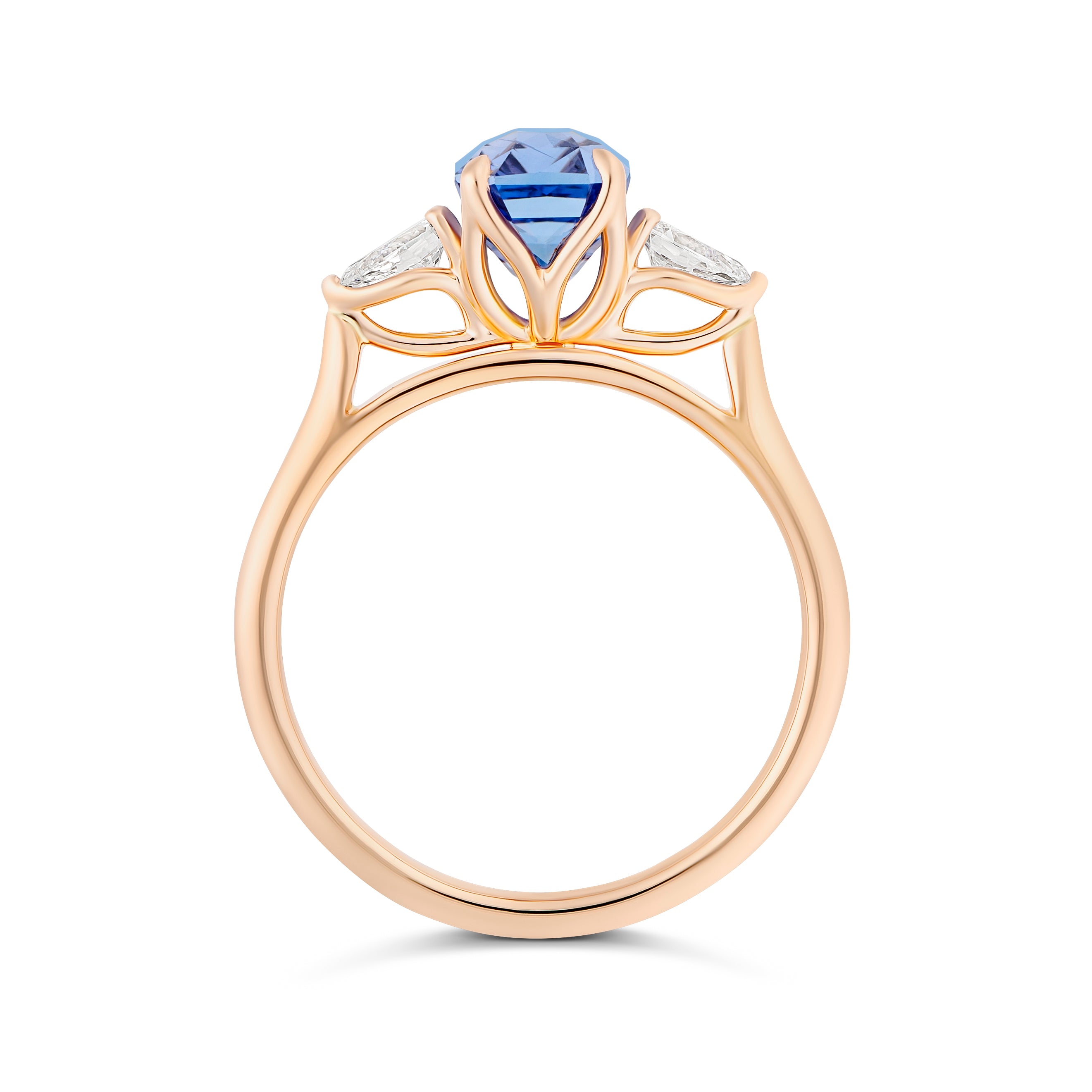 Cornflower Blue Ceylon Sapphire Diamond Trilogy Ring Rose Gold