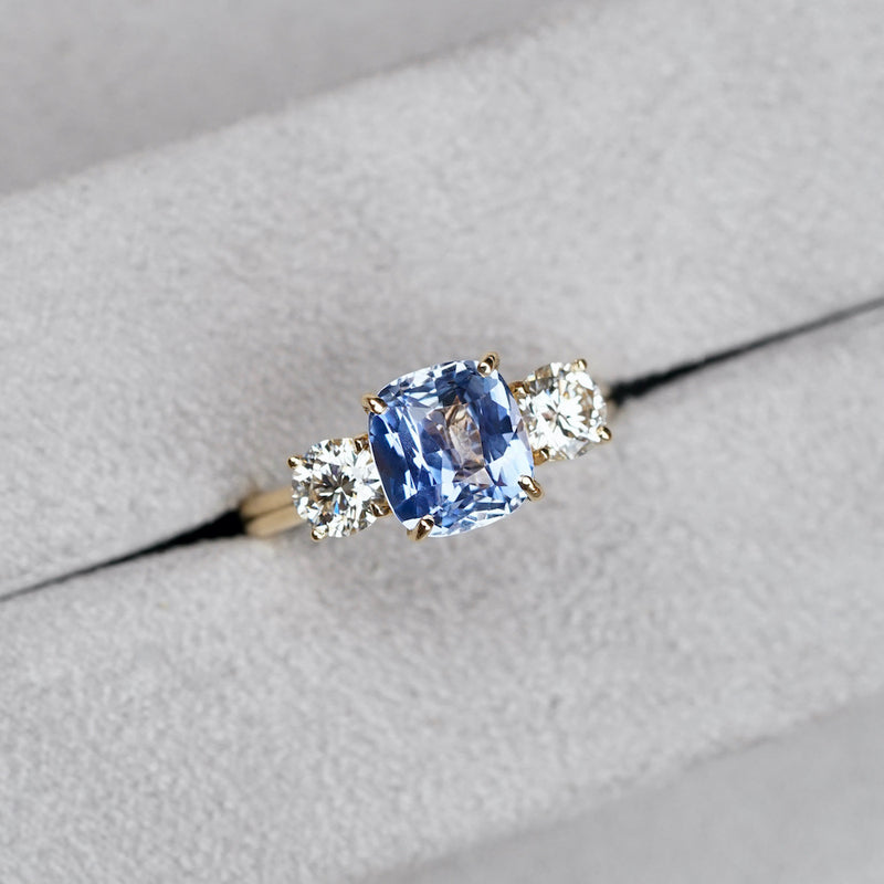 Vivid Sky Blue Cushion Sapphire and Diamond Trilogy Ring and Studs