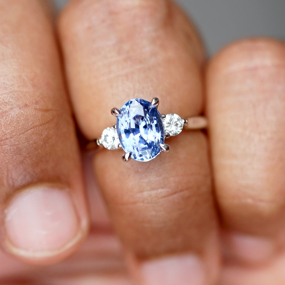 Ceylon Blue Sapphire Diamond Platinum Trilogy Engagement Ring