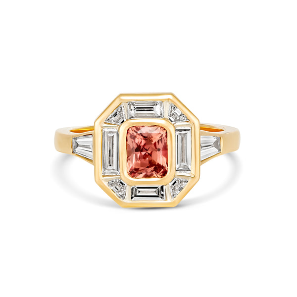 Padparadscha sapphire art deco ring