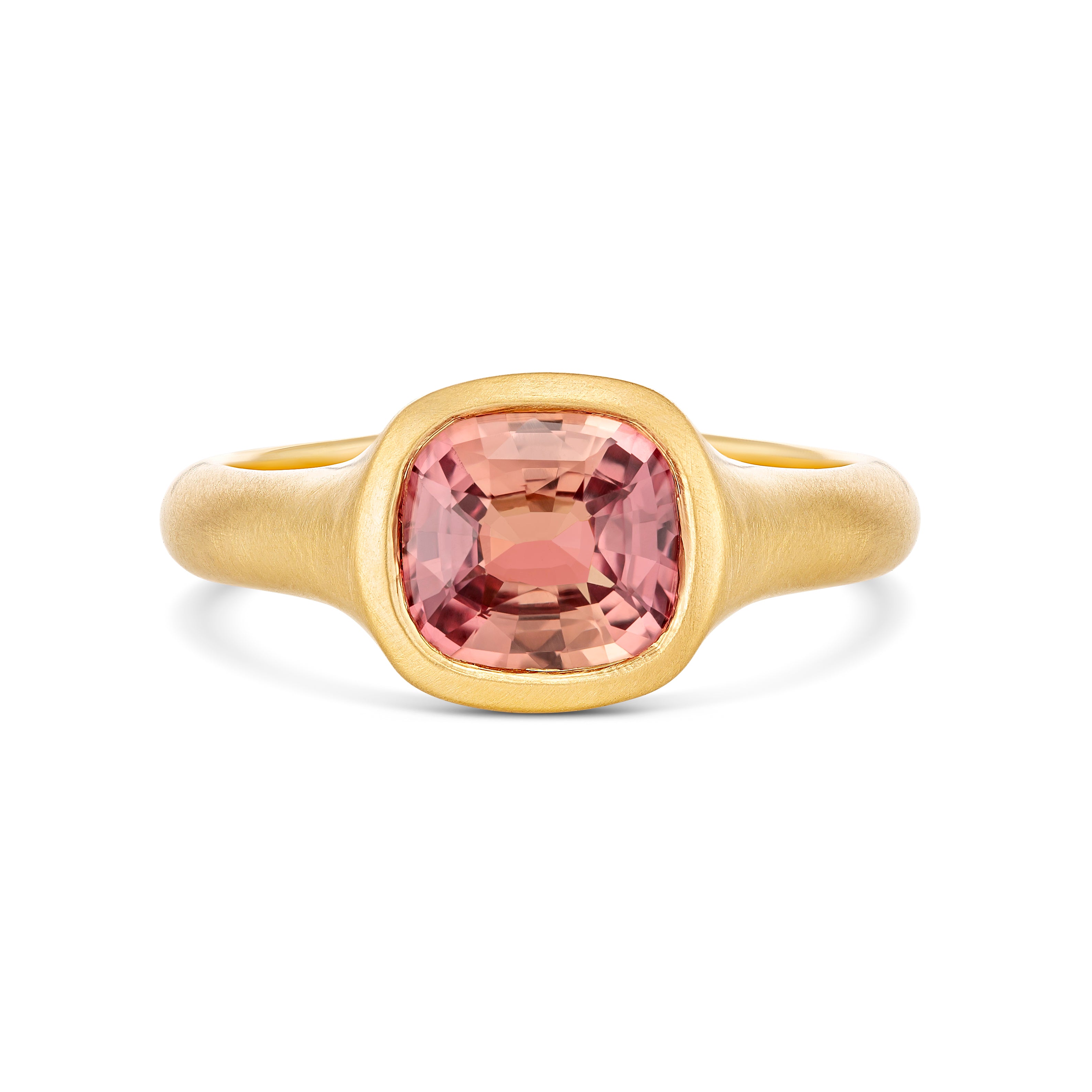 Padparadscha Sapphire Solitaire Signet Ring Brushed Satin Yellow Gold