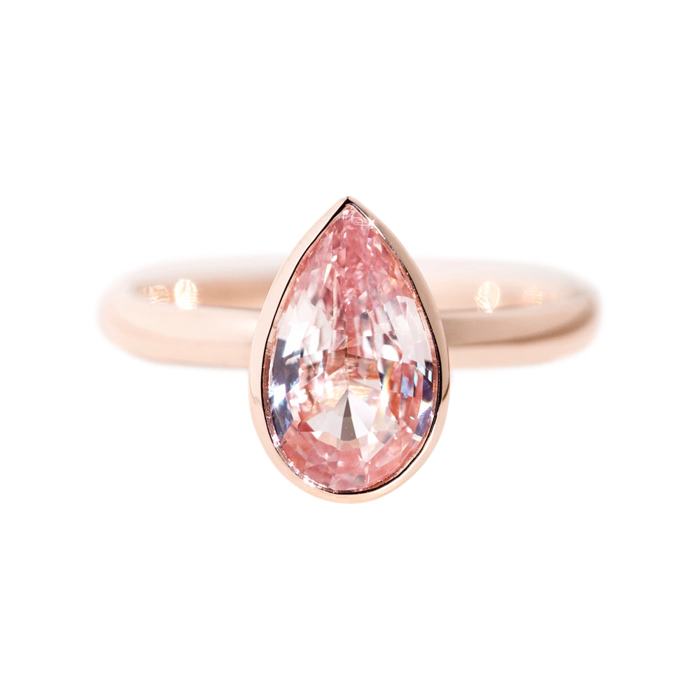 Peach Sapphire Pear Solitaire Bezel Set Rose Gold Ring
