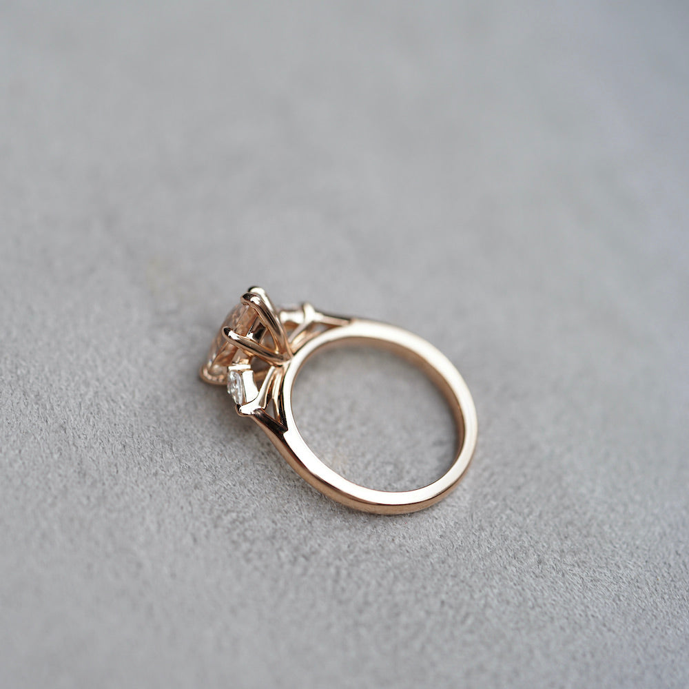 Peach Pear Sapphire Kite Diamond Trilogy Ring Rose Gold