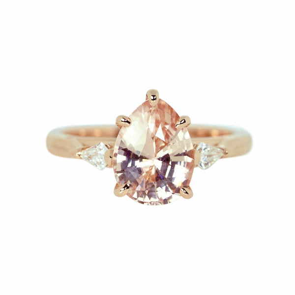 Peach Pear Sapphire Kite Diamond Trilogy Ring Rose Gold