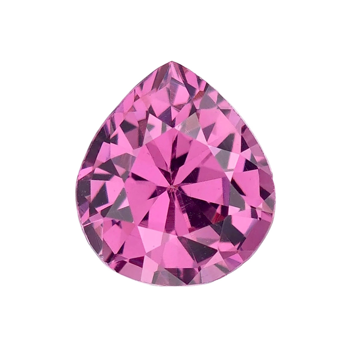 Pear-cut orchid pink rhodolite garnet loose gemstone on white.
