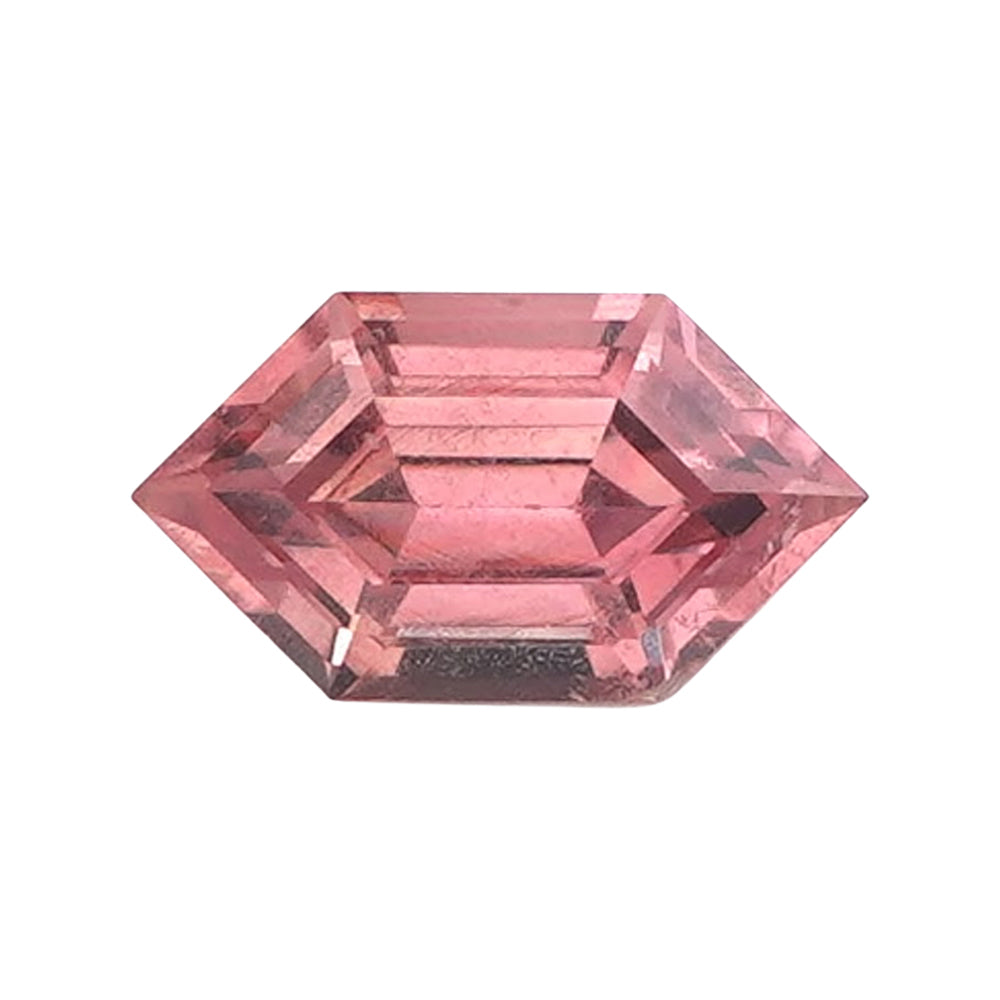 Elongated hexagonal step-cut loose gemstone in a soft rose-salmon hue.