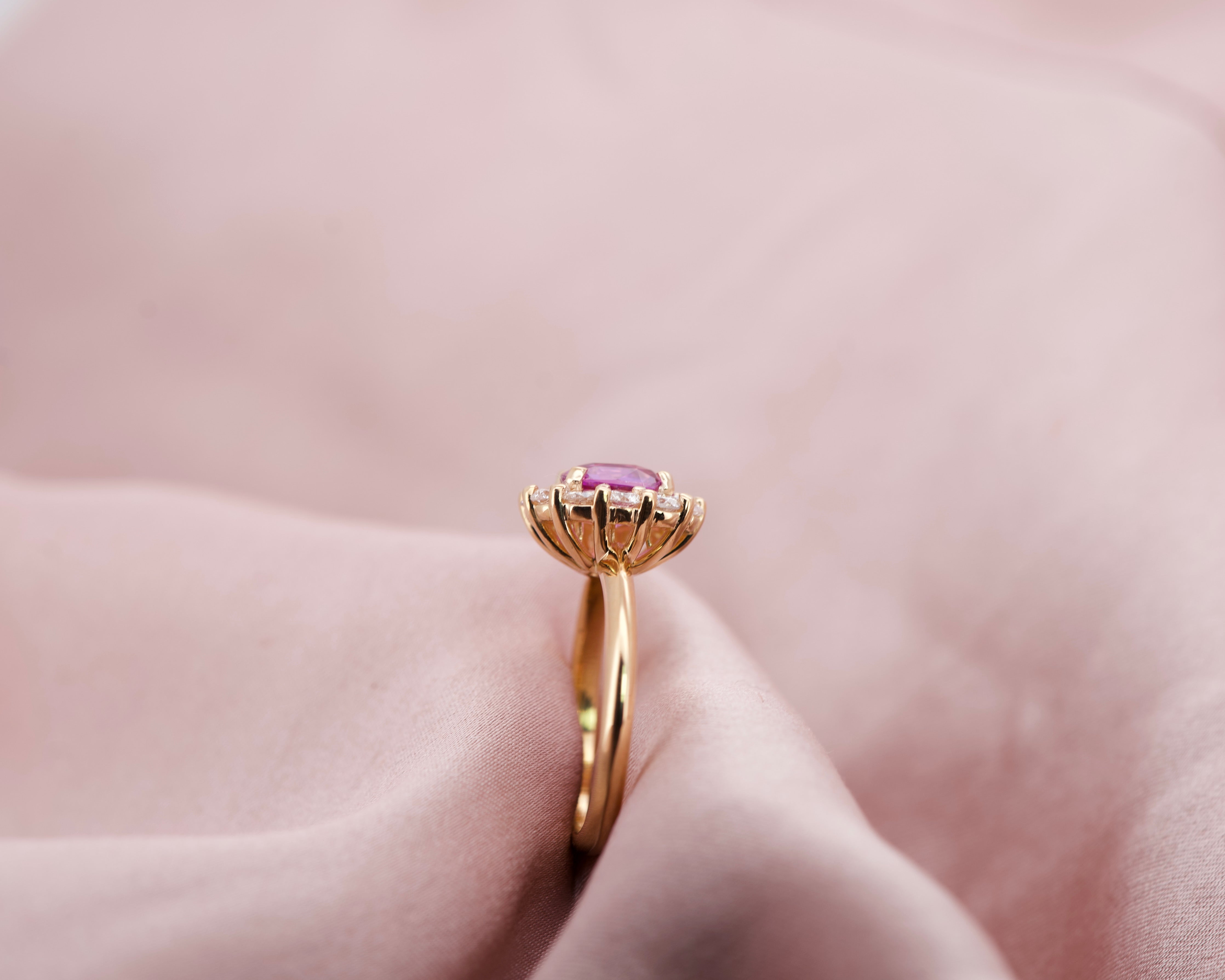 Pink sapphire halo ring showing gallery detail