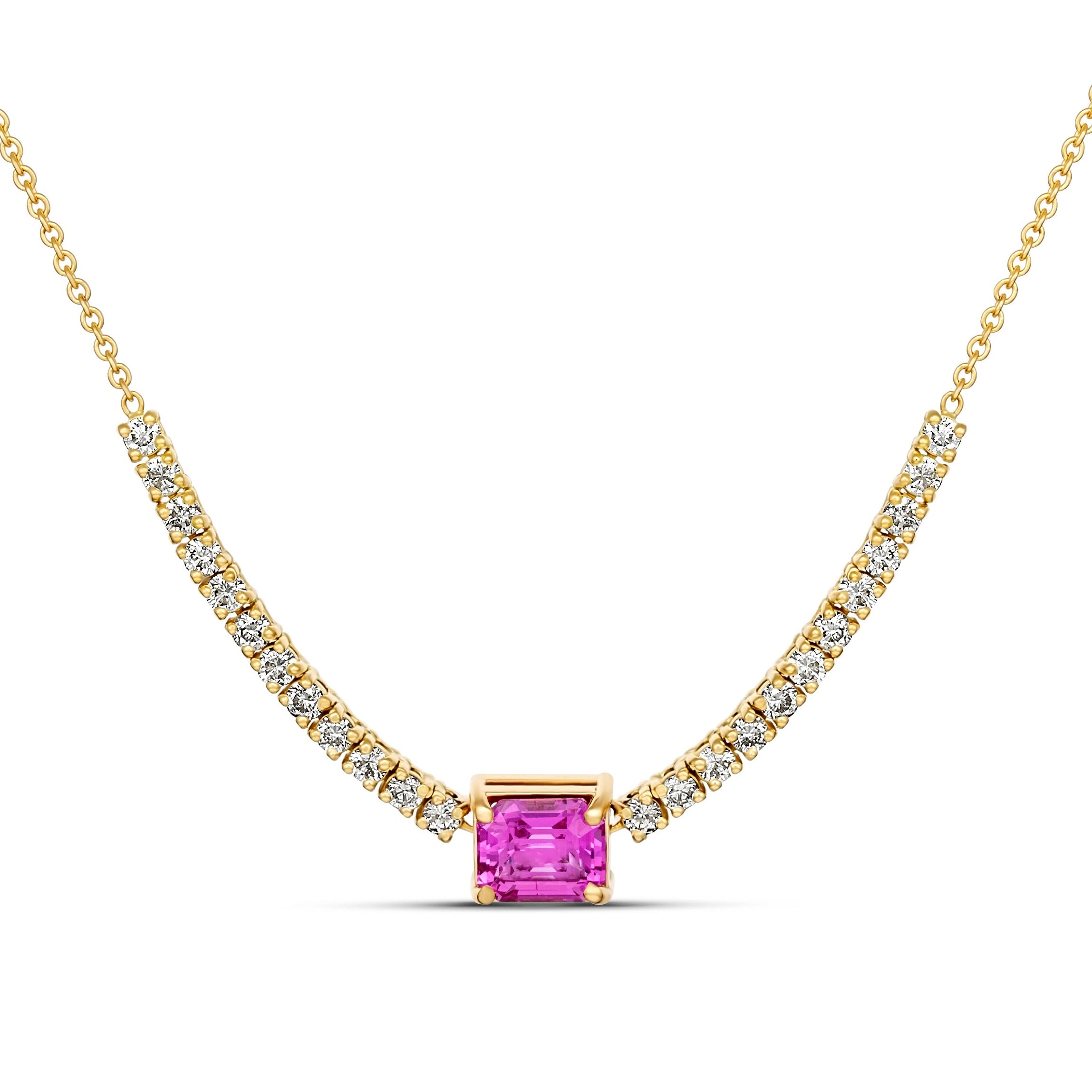 Pink sapphire diamond tennis necklace in yellow gold