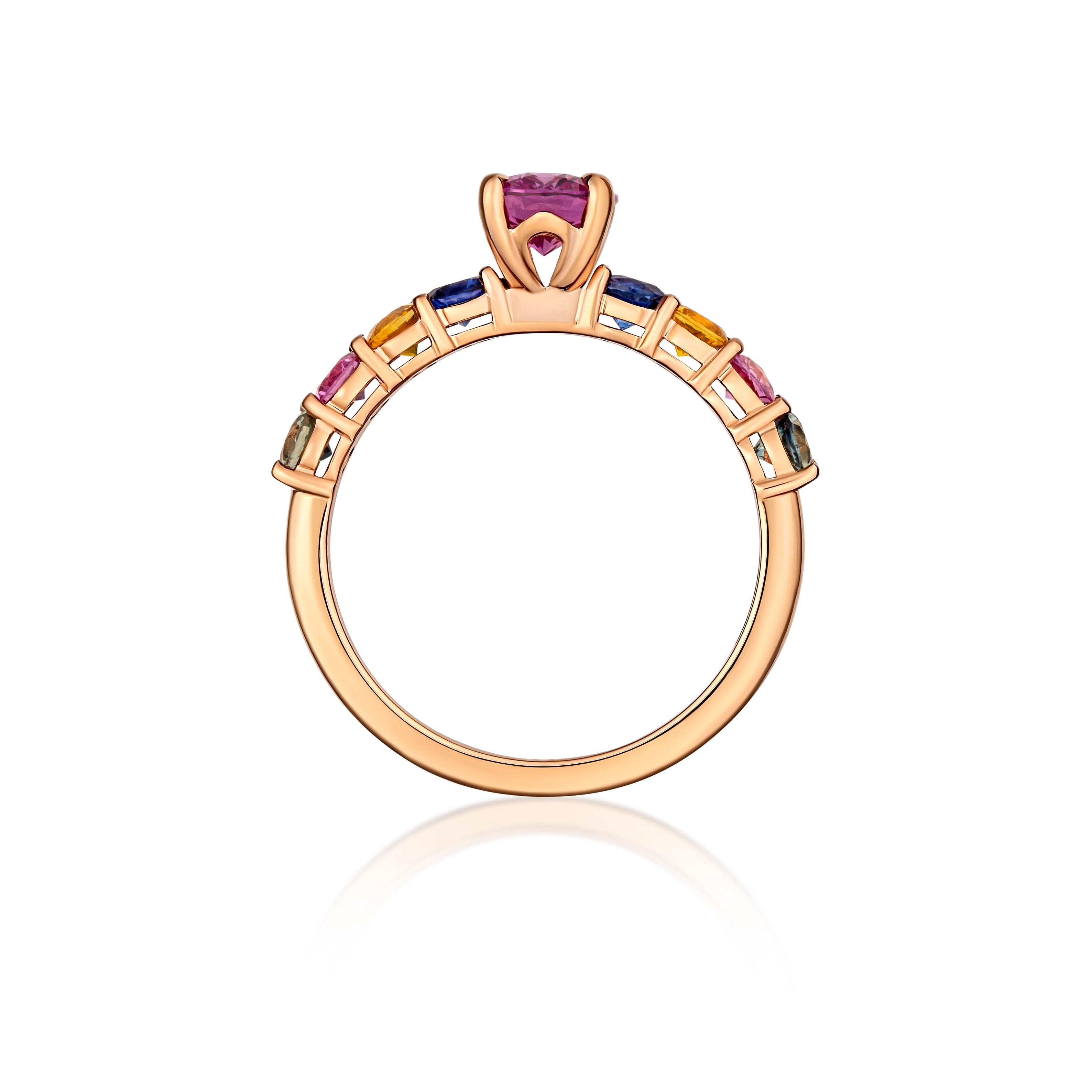 Madagascar pink sapphire in rose gold with rainbow gemstones