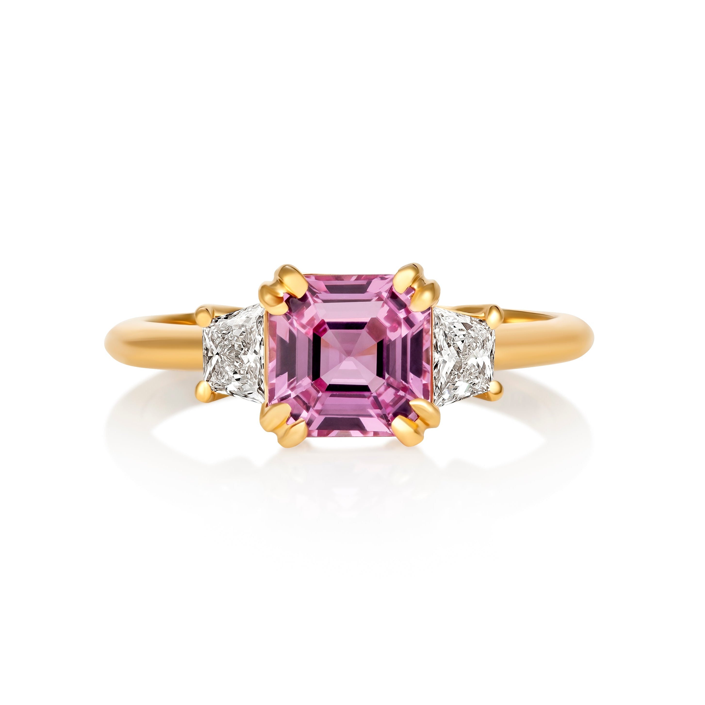Ceylon pink sapphire ring with trapezoid diamonds